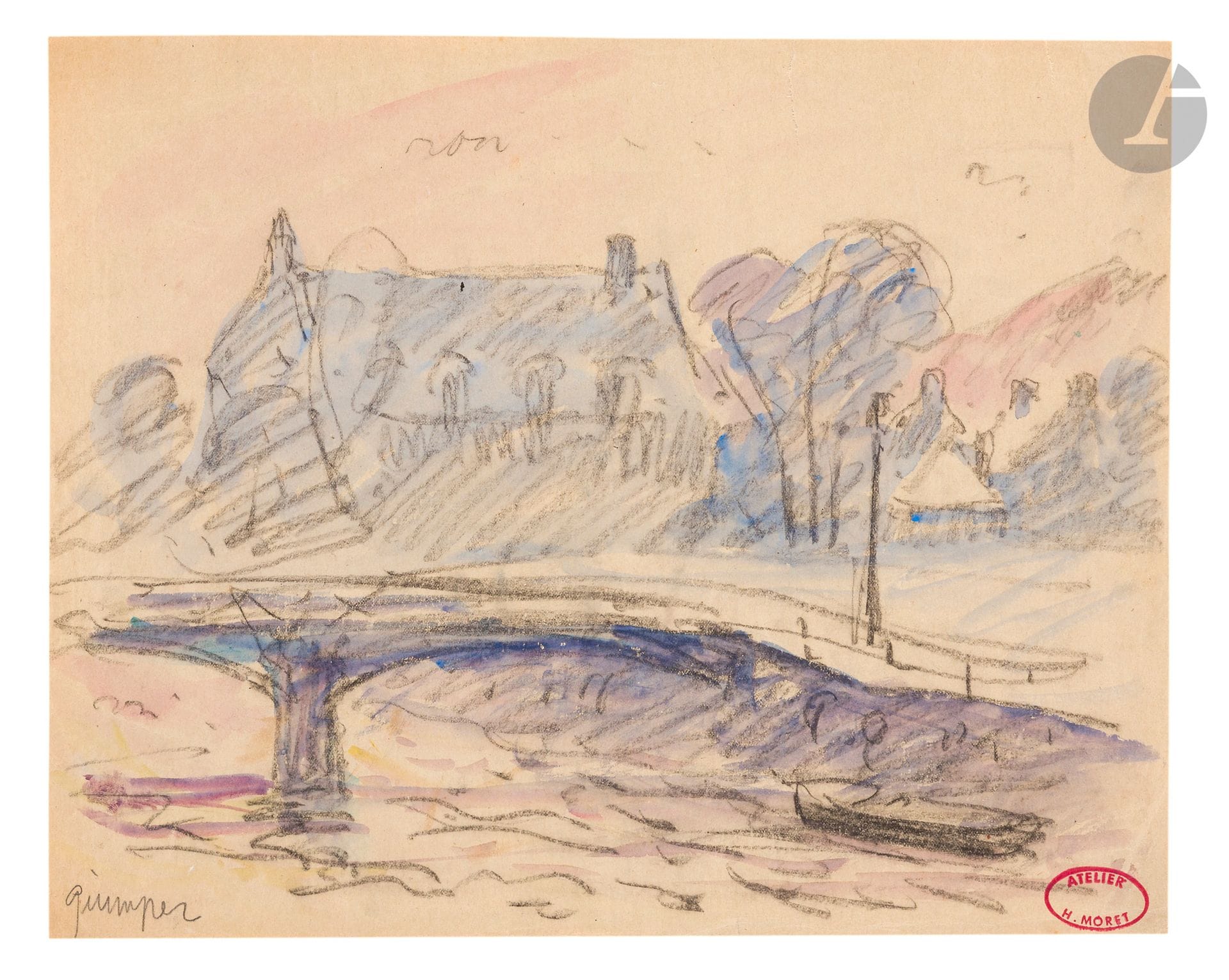 Henry MORET (1856-1913)
Bridge at Quimper
Watercolor and charcoal.
Situated lower left.
Studio sale stamp lower right.
(Tear on upper edge).
24x29.5cm

Provenance: 
- Artist's studio (inventory no. HM 532).
- Sale Ader Picard Tajan, Hôtel Drouot, rooms 5 and 6, October 21, 1983, lot 57.