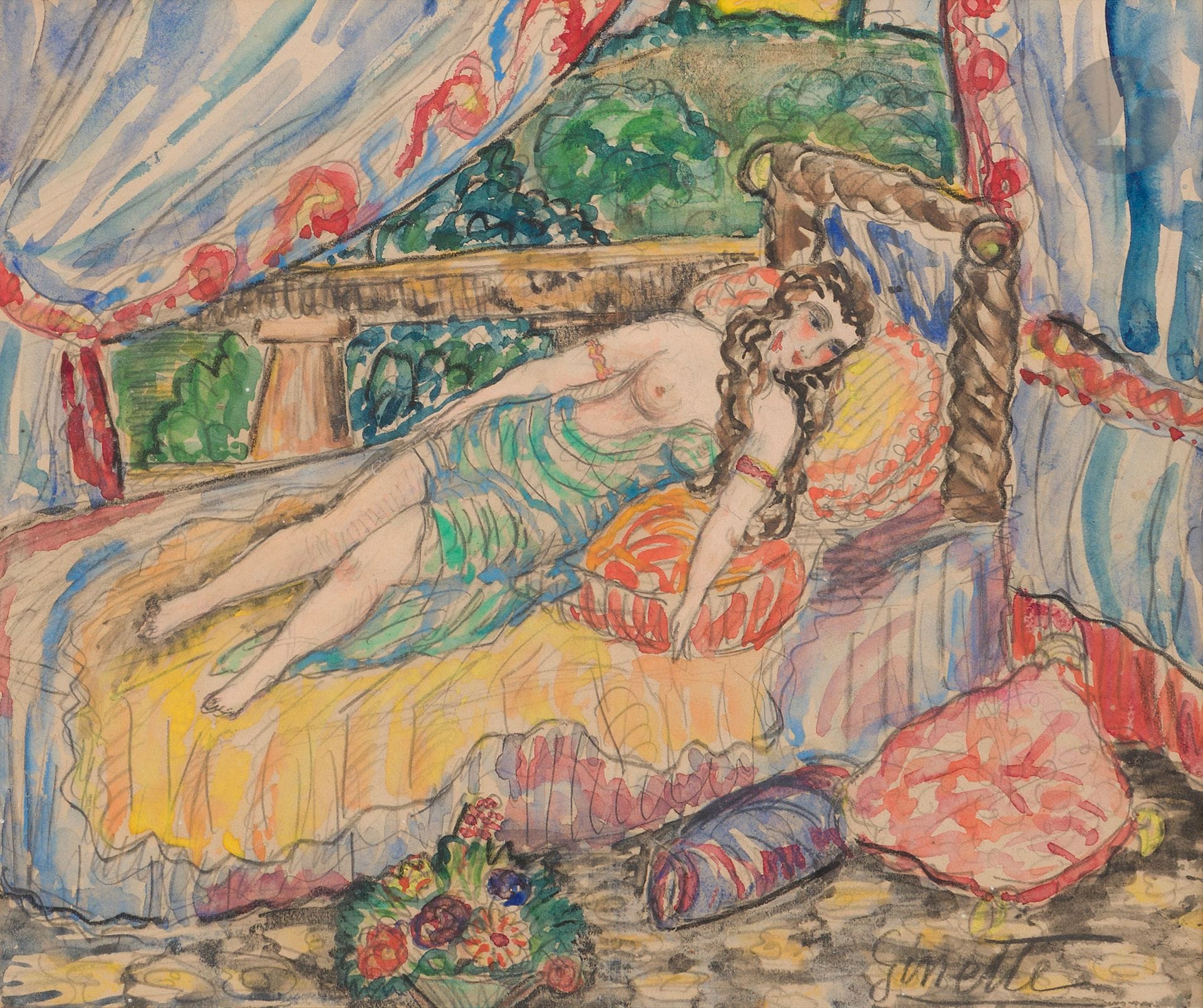 Ginette CACHIN-SIGNAC (1913-1980)
Femme demi nue sur un sofa, 1925
Aquarelle et encre sur traits de crayon.
Signée «Ginette» en bas à droite.
16,5x19,5cm