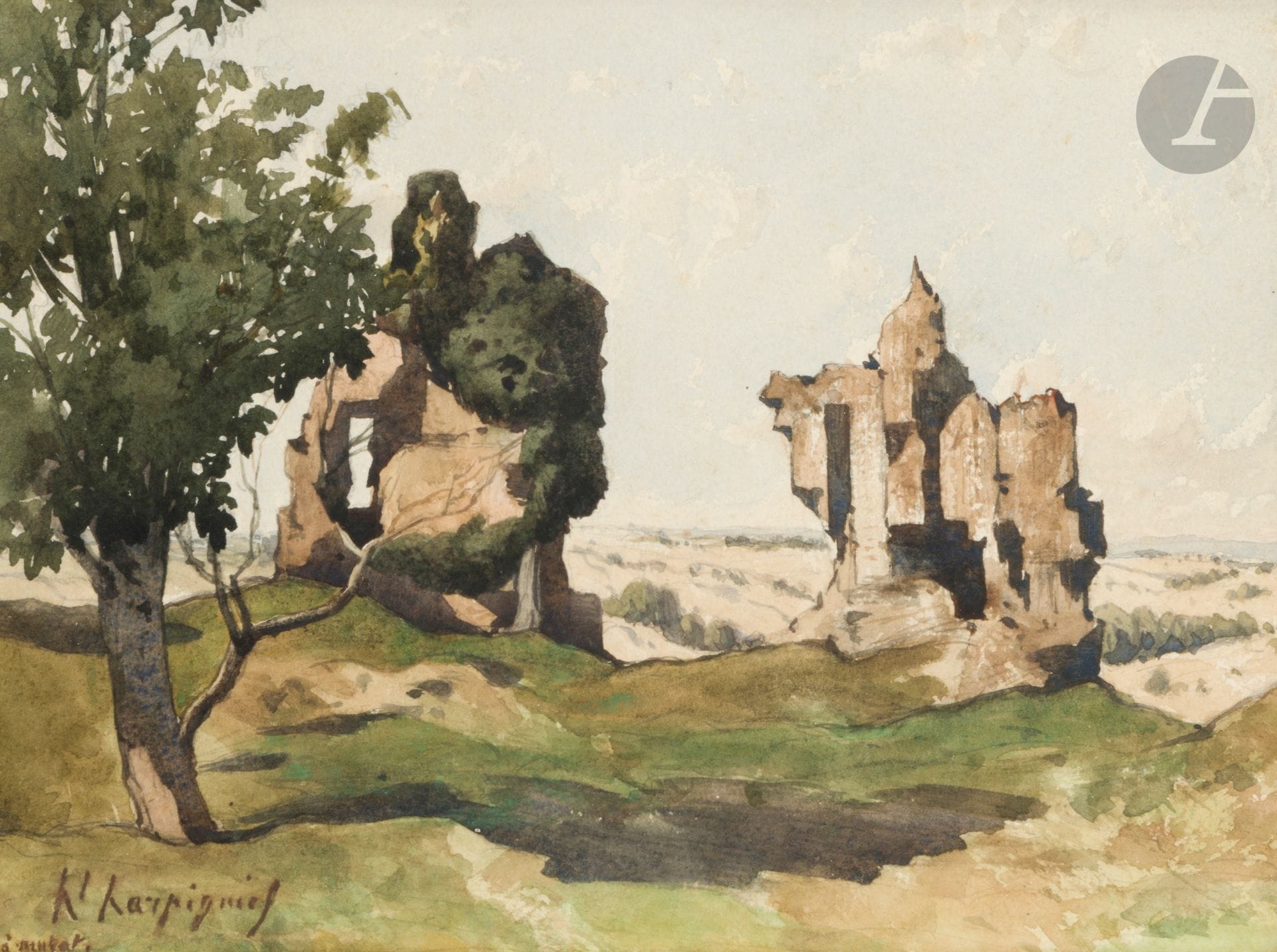 Henri Joseph HARPIGNIES (Valenciennes 1819 - Saint-Privé 1916)
Les Ruines du château de Murat
Aquarelle.
Signée en bas à gauche.
Située «à Murat» en bas à droite.
19,5x25,5cm

Cette œuvre sera incluse au catalogue raisonné en préparation par Monsieur Jean-Pierre Cappoen. 
Nous remercions Monsieur Cappoen pour les informations qu’il nous a transmises.

 Le château de Murat en ruines (comme celui de Hérisson où résida Harpignies) se situe dans le Bourbonnais, le ruisseau qui y passe se jette dans l’Aumance rivière qui traverse Hérisson (Allier) et qui a été souvent représentée par Harpignies aux Salons.