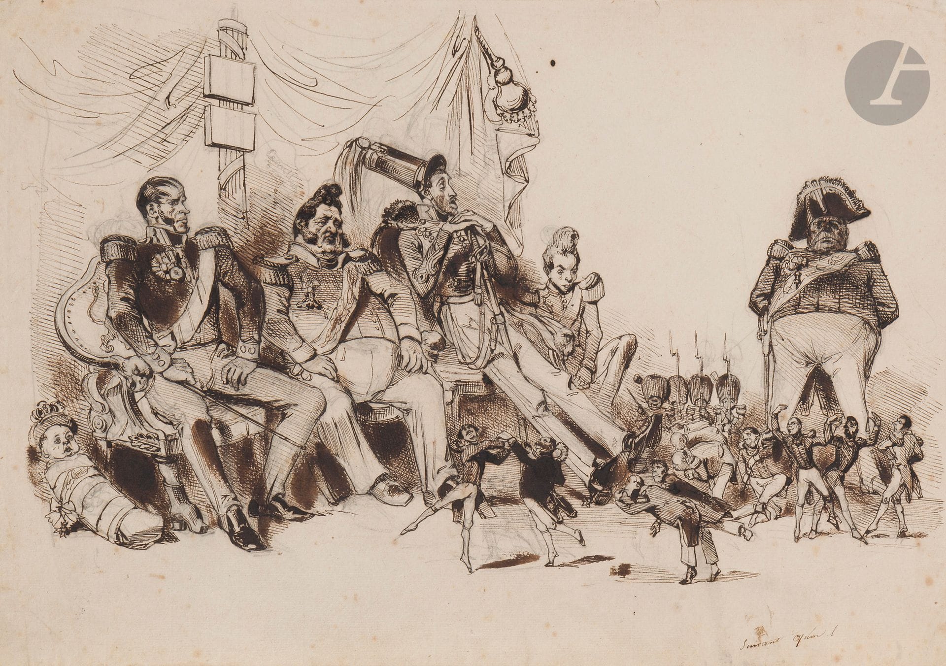 Jean Ignace Isidore GRANDVILLE (Nancy 1803 - Vanves 1847)
Louis Philippe et ses trois fils observant le ballet des courtisans 
Plume et encre brune sur traits de crayon noir.
Esquisse au verso au crayon noir d’éléments architecturaux.
Annotée en bas à droite «Suivant qu’on l’…».
Numérotée en haut à gauche au verso du montage «G226».
Cartel en bas au centre sur le montage «J.J.Granville».
(Légèrement insolé, petites taches et petites pliures).
27,5x39cm