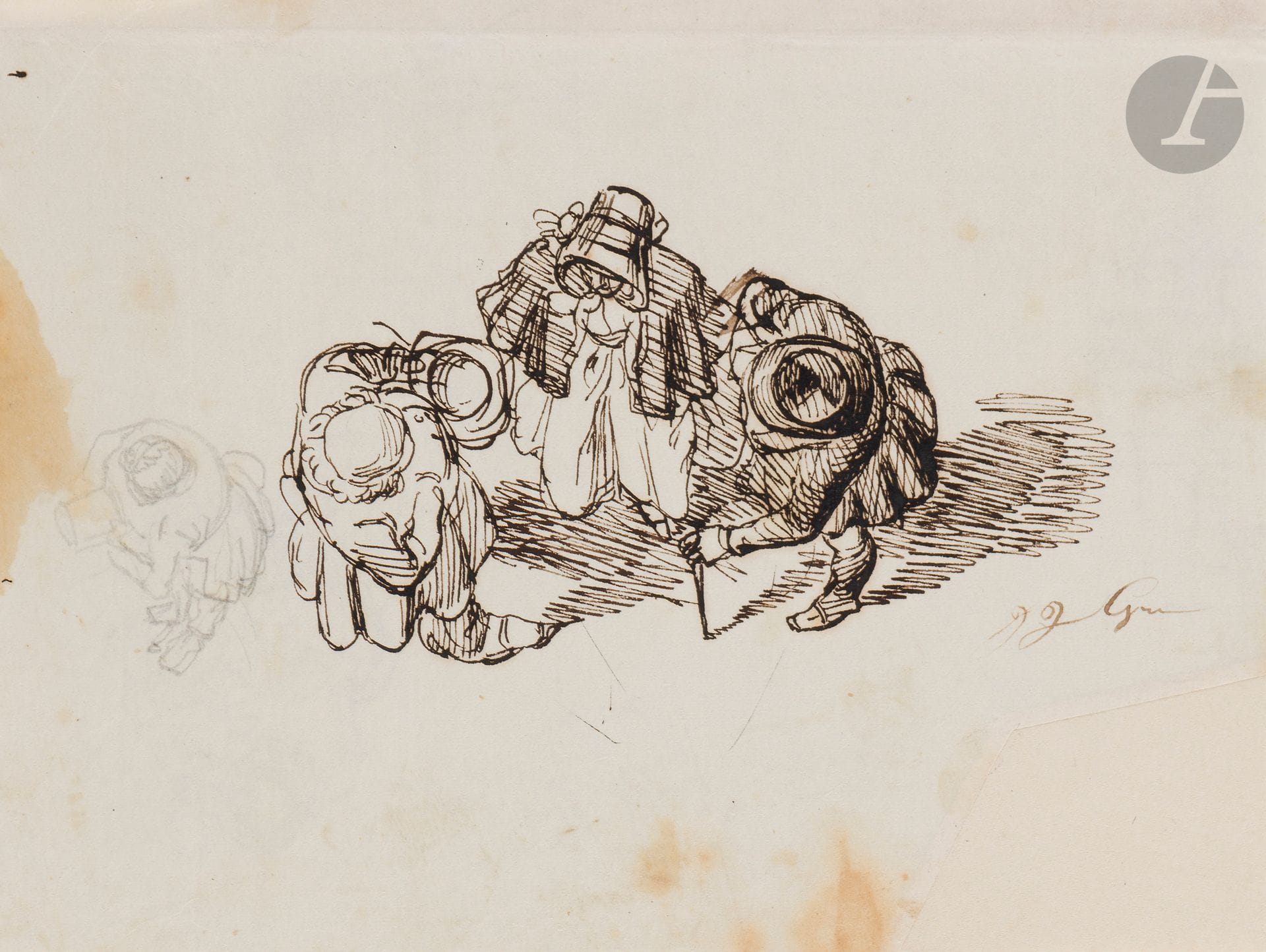 Jean Ignace Isidore GRANDVILLE (Nancy 1803 - Vanves 1847)
Four figures seen from above
Pen and brown ink, black pencil.
Monogrammed lower right.
Sketches of figures and architecture on verso in black pencil.
Numbered top left on verso "G316".
Cartel at bottom center on mount "J.J.Granville".
(Piece of paper added in the lower right corner, stains).
15x19cm