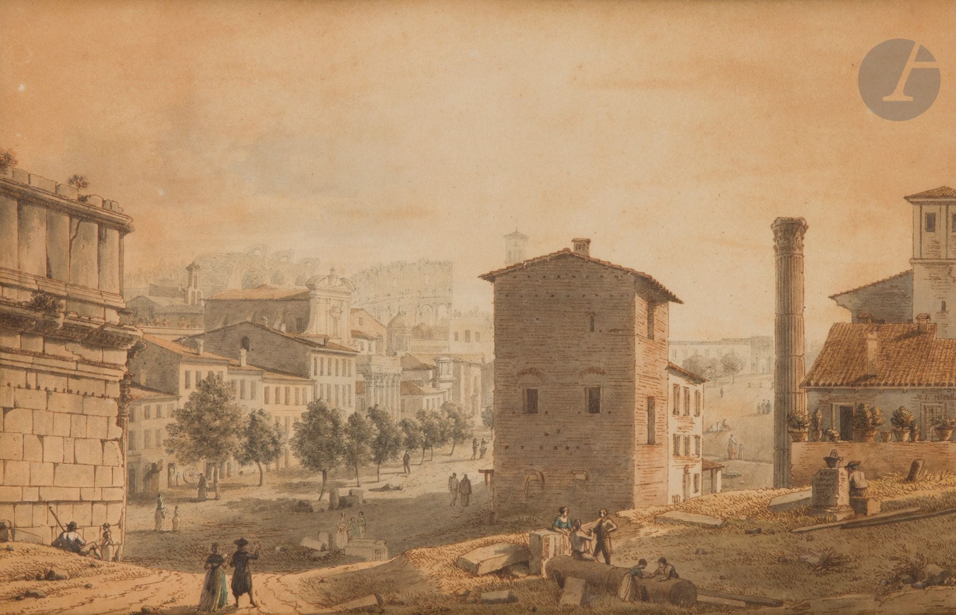 Victor-Jean NICOLLE (Paris 1754 - 1826)
Rome, vue du forum animé
Aquarelle, plume et encre brune.
Signée à droite.
(Insolé et collé en plein).
20x31cm