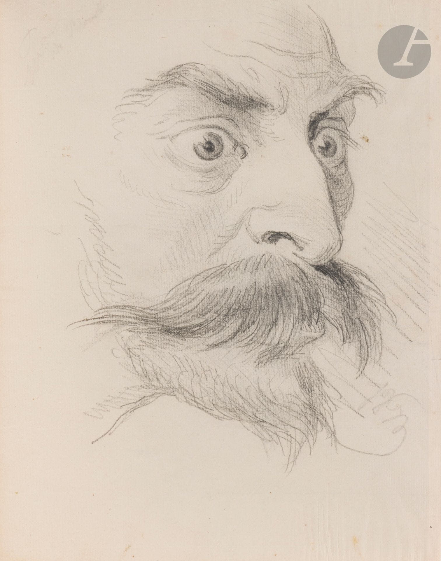 Jean Ignace Isidore GRANDVILLE (Nancy 1803 - Vanves 1847)
Tête d’expression masculine
Crayon noir.
Monogrammé en bas à droite.
Esquisse au verso, femme et enfants priant au crayon noir.
Numéroté en haut à gauche au verso du montage «G237».
Cartel en bas au centre sur le montage «J.J.Granville».
(Pliures sur les bords).
20,5x16cm