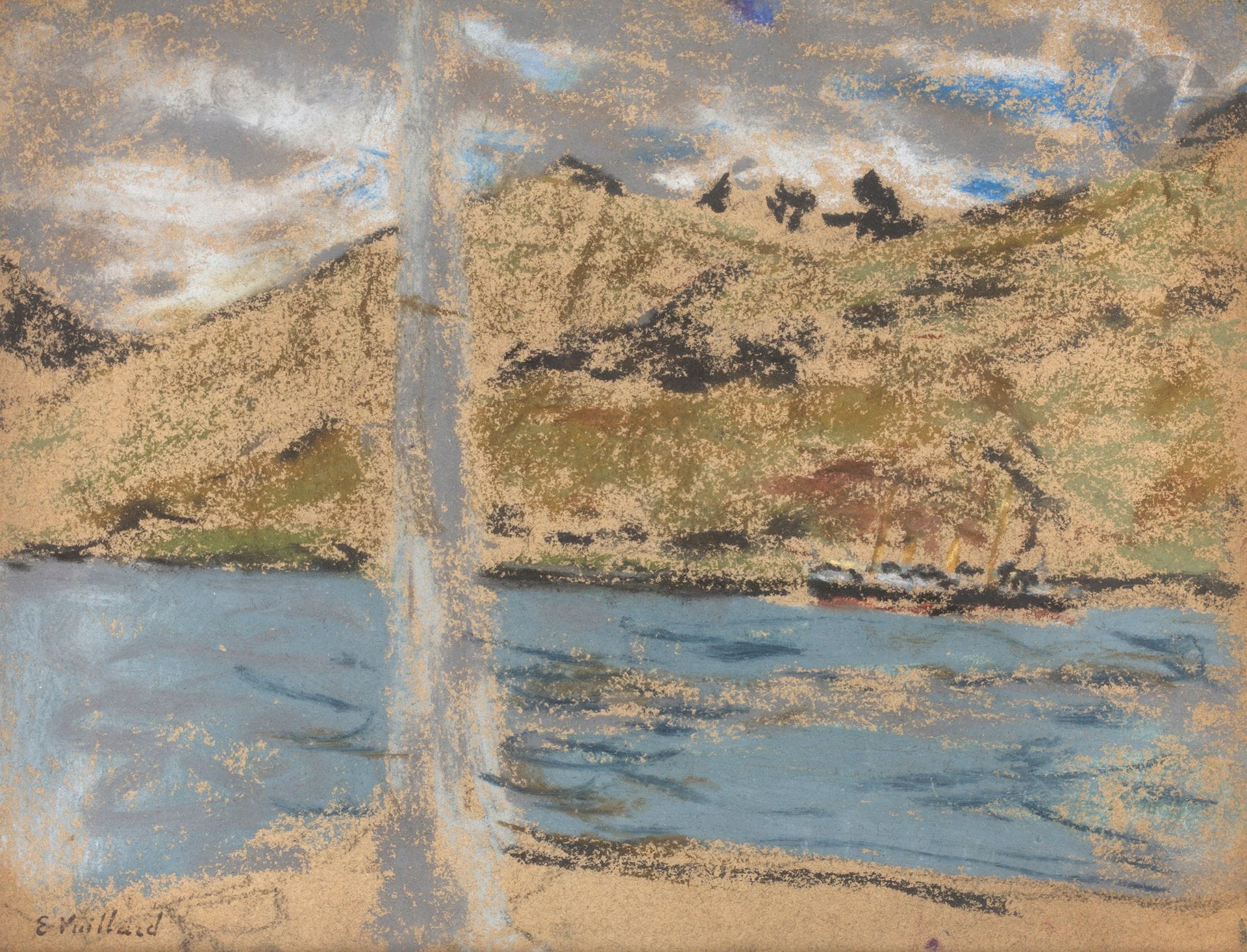 Édouard VUILLARD (1868-1940)
Mauvais temps, Hendaye, 1910
Pastel.
Timbré en bas à droite (Lugt 2497a).
25,5x33cm

Bibliographie: 
Antoine Salomon, Guy Cogeval, Vuillard, Catalogue Critique des Peintures et Pastels Skira, Wildenstein Institute, 2003, reproduit sous le n°VIII-397, p. 1008.