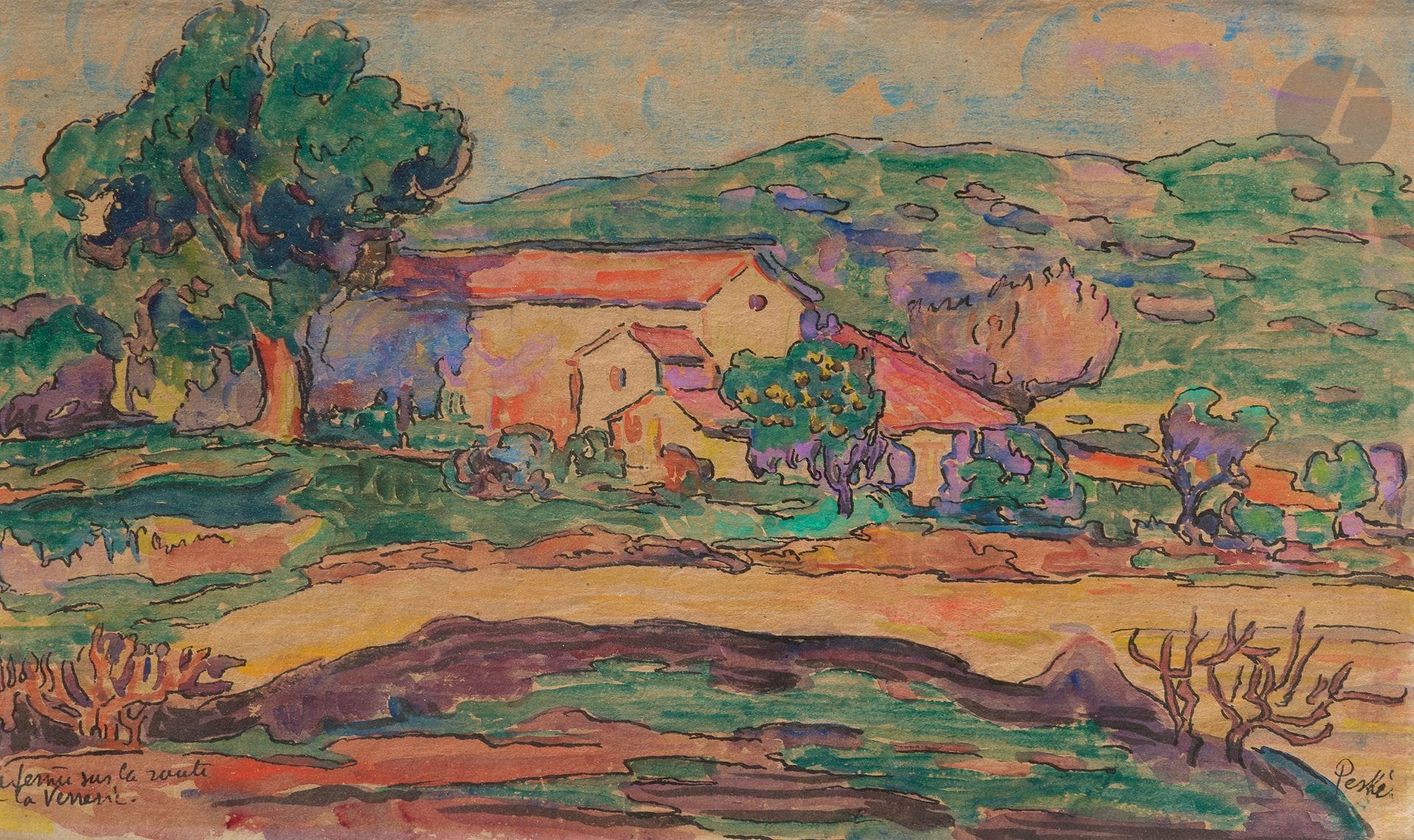 Jean Misceslas PESKE (1870-1949)
La Verrerie, la Ferme sur la route
Aquarelle, encre et mine de plomb.
Signée en bas à droite et titrée en bas à gauche.
21x35cm

Provenance: 
- Collection André Joubert, Paris. Acquis directement auprès de l’artiste.
- Vente Christie’s, Paris, 23 mai 2007, n°220.
- Collection particulière, Paris.
