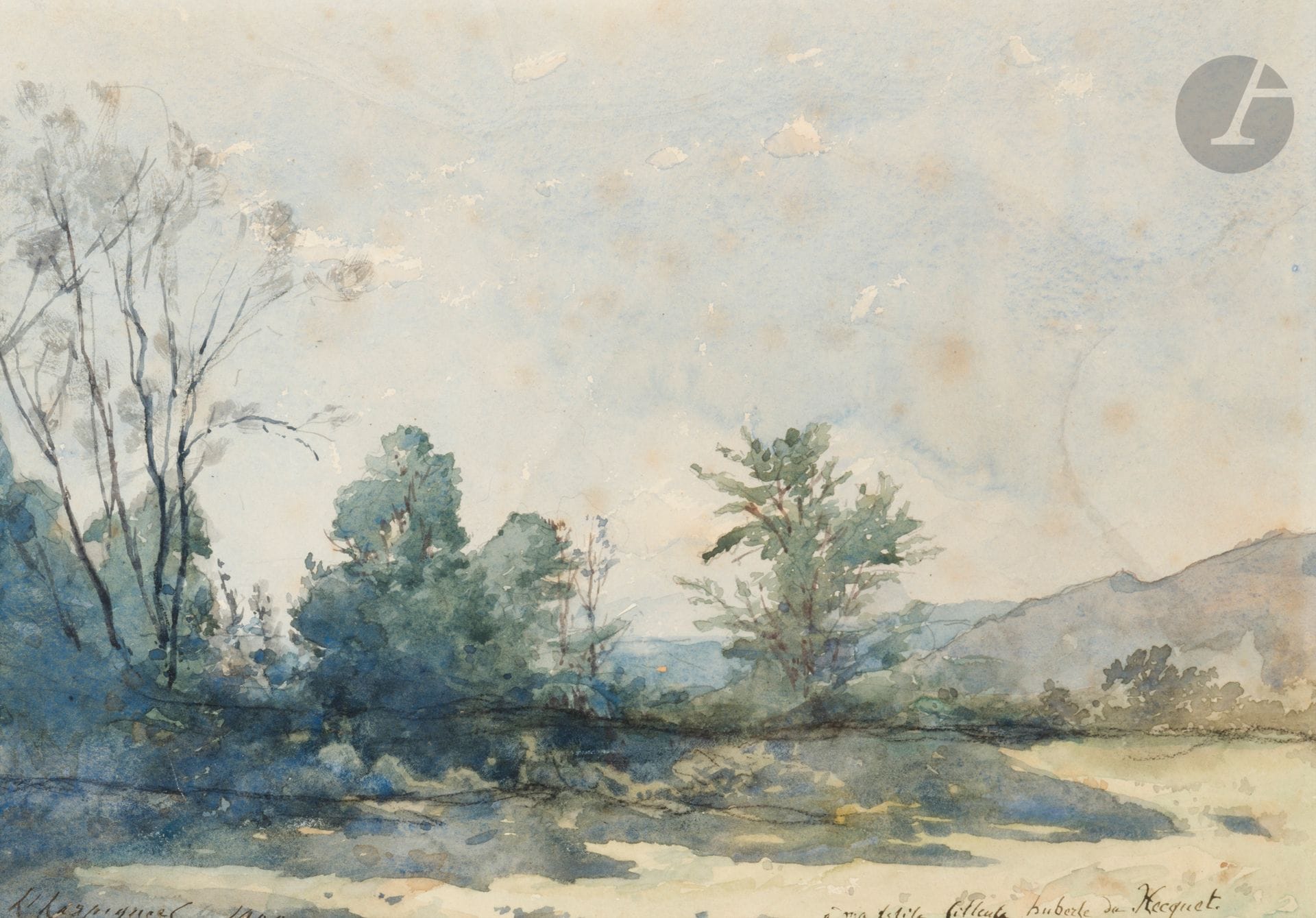 Henri Joseph HARPIGNIES (Valenciennes 1819 - Saint-Privé 1916)
Paysage, 1900
Aquarelle.
Signée et datée en bas à gauche.
Dédicacée: «à ma filleule Huberle du Hecquet».
(Taches).
23,5x33,5cm 

Cette œuvre sera incluse au catalogue raisonné en préparation par Monsieur Jean-Pierre Cappoen. 
Nous remercions Monsieur Cappoen pour les informations qu’il nous a transmises.