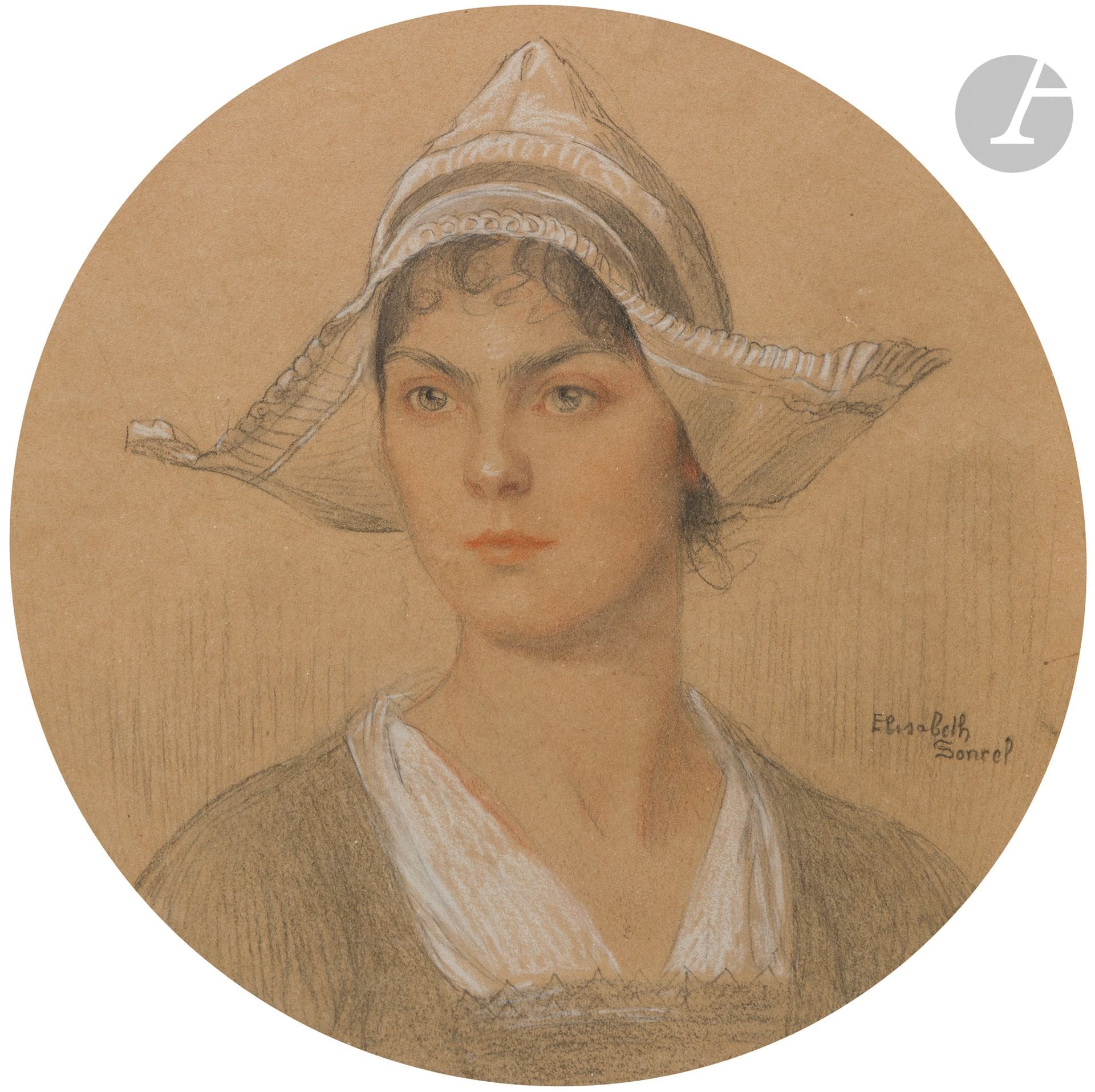 Élisabeth SONREL (1874-1953)
Portrait de femme
Crayon noir, sanguine et craie blanche sur papier en tondo.
Signé en bas à droite.
Diamètre: 24cm.