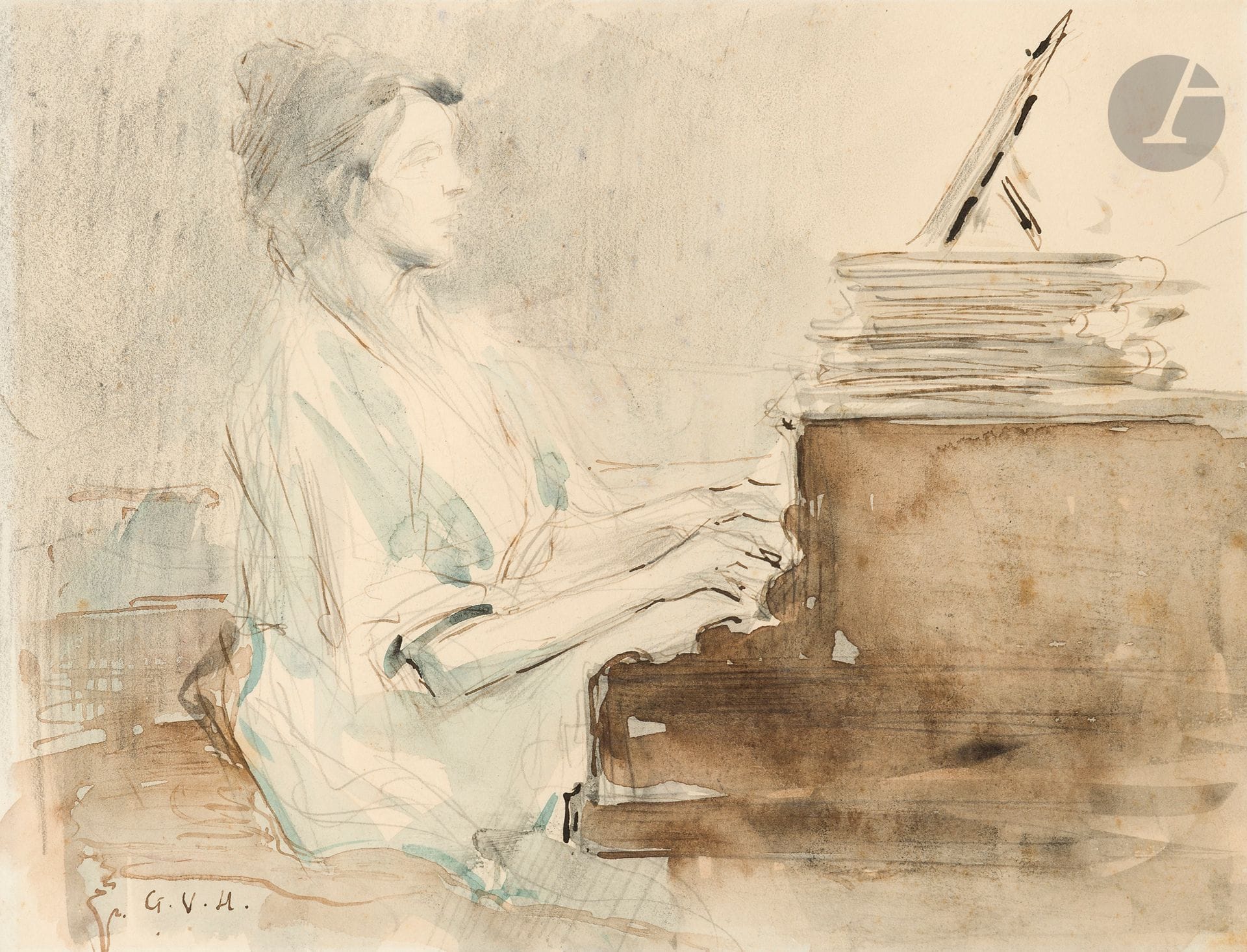 Georges Victor HUGO (1868-1925)
La Jeune pianiste
Crayon noir, estompe, plume et encre brune et aquarelle.
Monogrammé en bas à gauche.
(Légèrement insolé). 
22,5x28,5cm

Exposition:
Georges Hugo. L’art d’être petit-fils, Maison Victor Hugo, Paris, du 10 novembre au 10 mars 2024, n°282, reproduit p. 71.