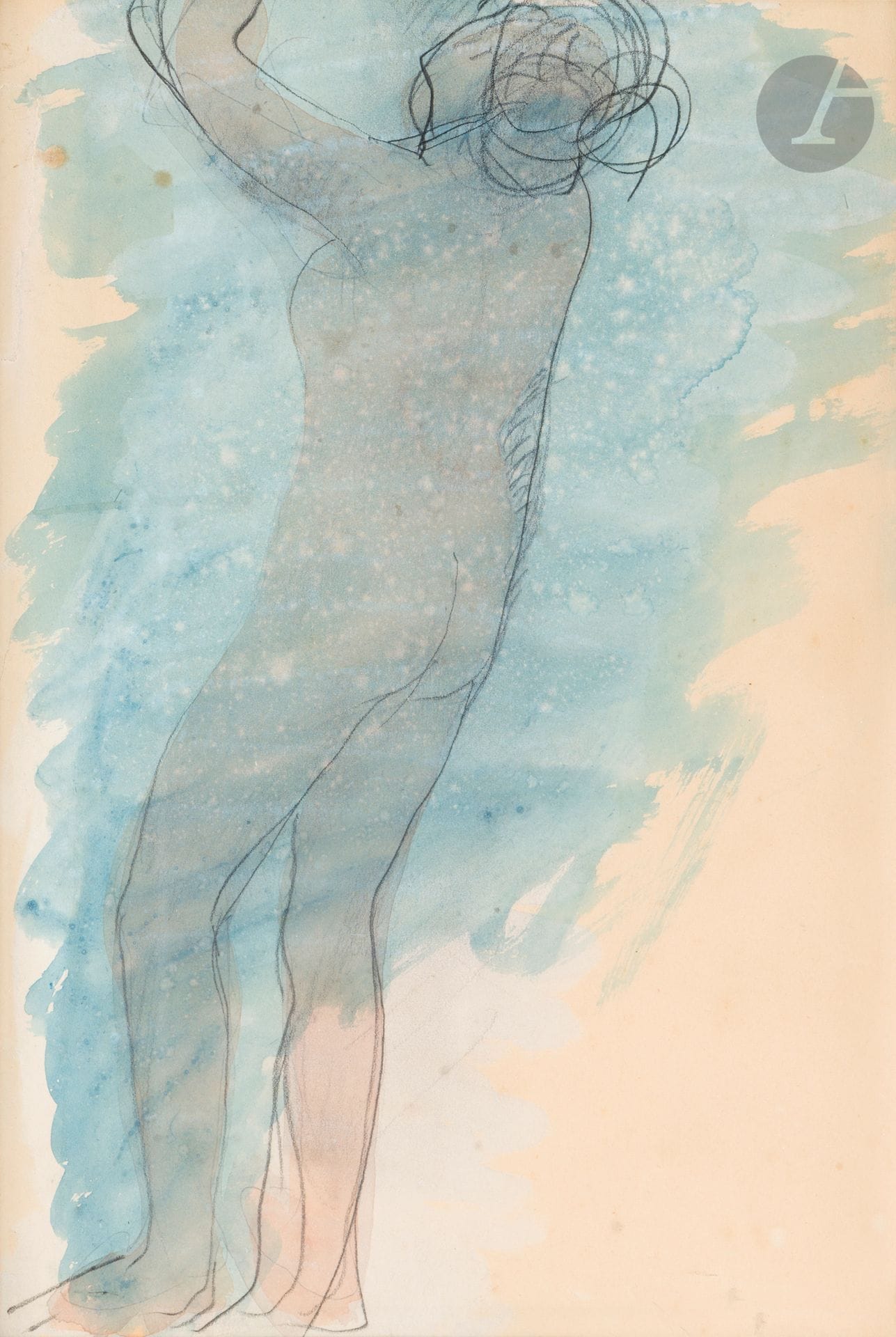 Auguste RODIN (1840-1917)
Femme nue de trois quarts vers la gauche, un bras levé, vers 1900
Graphite, estompe, aquarelle et gouache légère sur papier vélin.
Non signé.
Inscription au crayon bleu au dos: «263» et deux fois le cachet rouge de la collection André Schoeller.
32x23cm

Provenance: 
Probablement acquis à la vente après décès de la collection André Schoeller, Hôtel Drouot, 14-15-16 mai 1956, salle n°6, n°14 sous le titre Nu debout, fond bleu (non reproduit).

Un certificat d’inclusion au Catalogue raisonné des dessins d’Auguste Rodin en préparation par Madame Christina Buley-Uribe, en date du 1er juin, sera remis à l’acquéreur.

 Le croquis préparatoire du dessin de Femme nue de trois quarts vers la gauche a été identifié au sein des collections du musée Rodin (n° d’inventaire D.540). Ici, Rodin a d’abord voulu rendre son volume, sa densité charnelle au modèle, tout en conservant certains aspects spontanés du croquis, comme le dédoublement des pieds. Ce qui était un croquis sur le vif avec repentirs, s’est transformé en véritable dessin/peinture et l’effet d’ensemble est absolument magistral. La figure a été submergée sous un lavis bleu profond (on retrouve ce même effet dans d’autres dessins conservés au musée Rodin (par exemple le n° d’inventaire D. 4558).