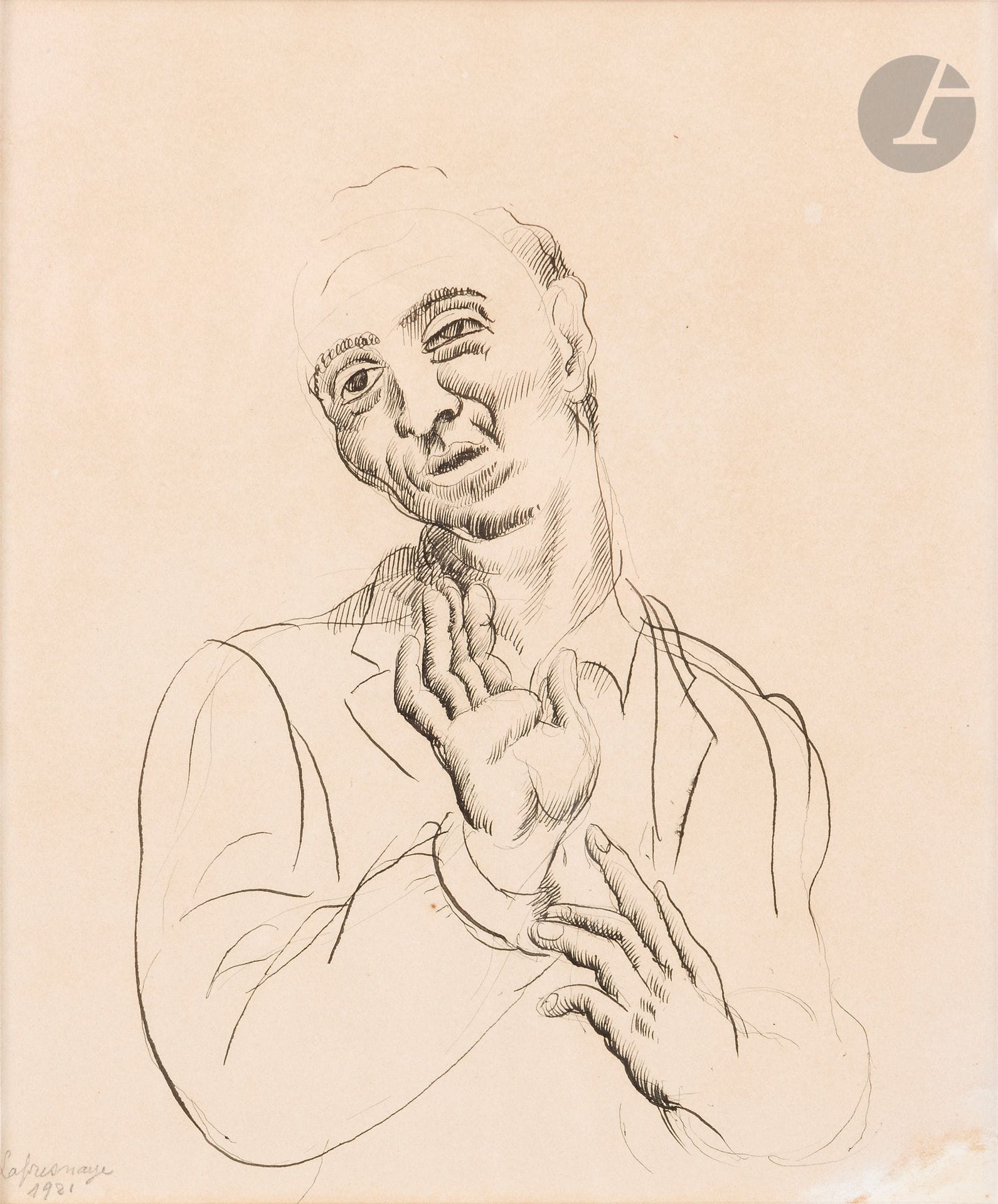 Roger de LA FRESNAYE (1885-1925)
Man (hands), 1921
Ink.
Signed and dated lower left. 
(Restoration in lower right corner).
24x20cm

Provenance: 
Collection of the artist Robert Lotiron - By descent.

Exhibition: 
Roger de la Fresnaye, Il nobile Cubista, Museo d'arte Mendrioso, Switzerland 2023, cat. no. 94 reproduced.