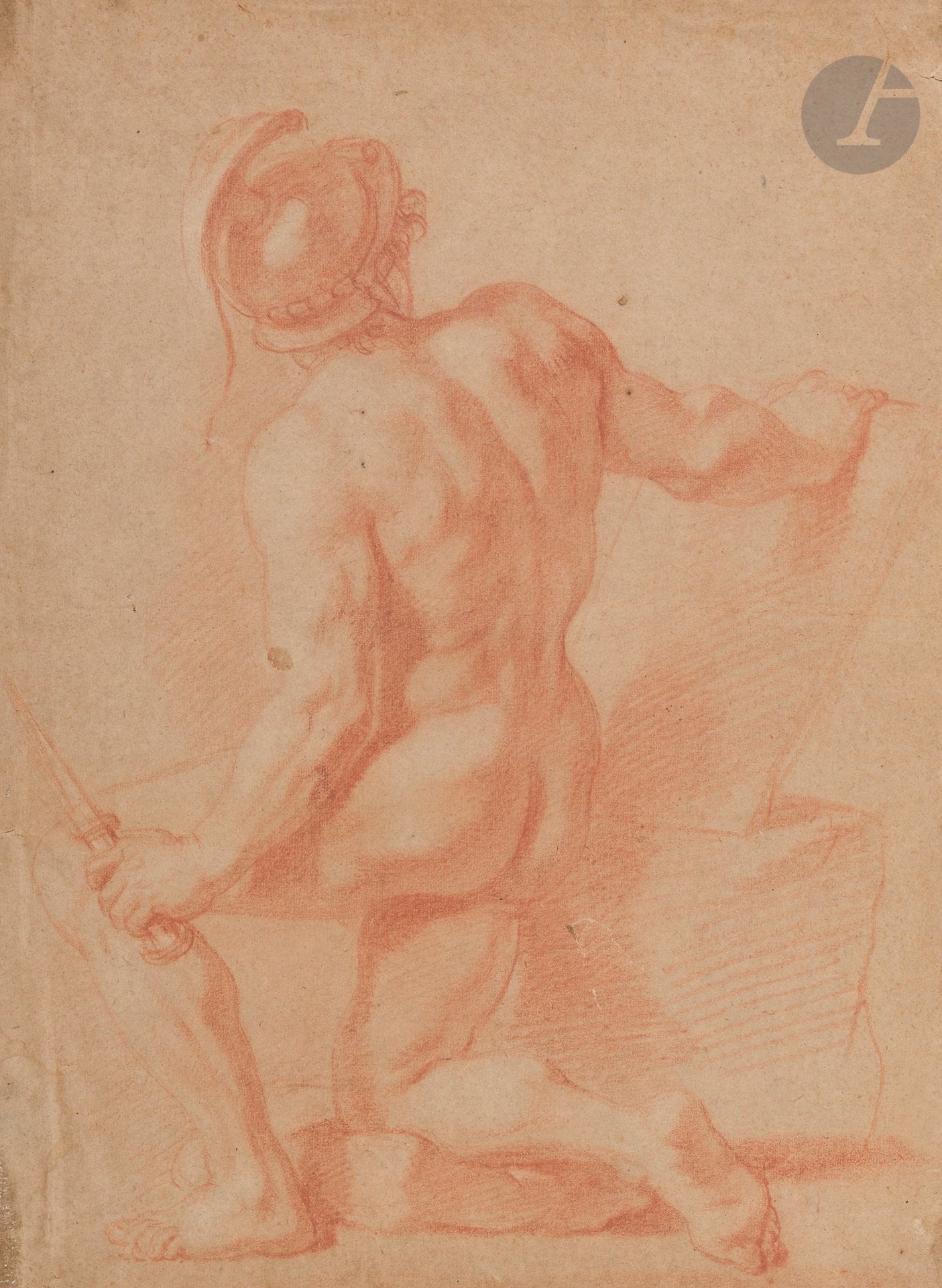 François VERDIER (Paris 1651-1730)
Académie d’homme agenouillé de dos
Sanguine et estompe sur papier chamois. 
Annotée en bas à droite «C. Lebrun».
Cachet peu lisible au verso en bas à droite.
(Pliure centrale horizontale, bords irréguliers, déchirures et taches).
54,4x38cm