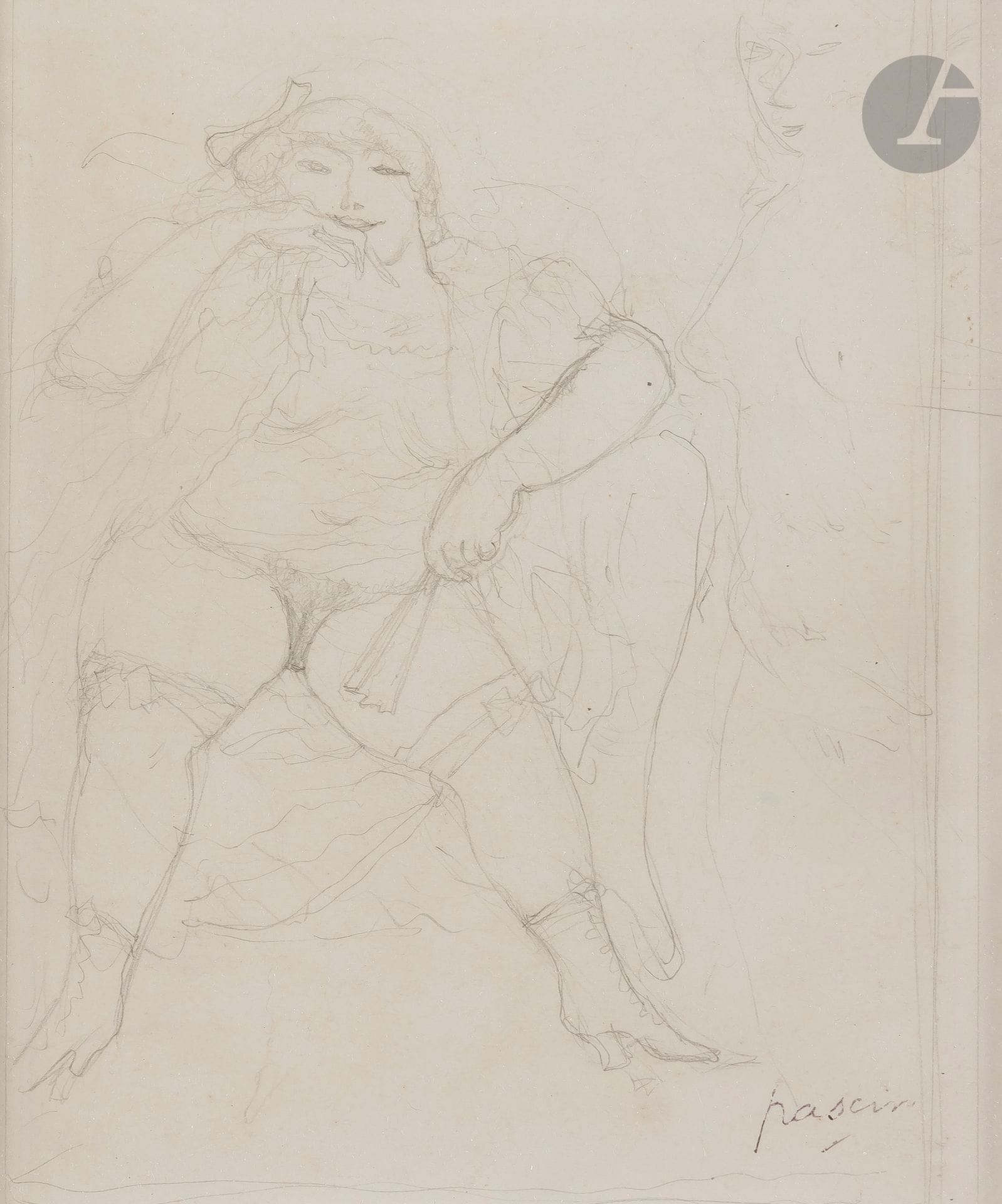 Julius Pincas dit PASCIN (1885-1930)
La Grosse courtisane, vers 1905
Mine de plomb.
Timbrée en bas à droite.
16,5x13,5cm

Notre dessin est préparatoire à la pointe sèche sur zinc du même titre datée de 1905.

Bibliographie:
Pascin. Catalogue raisonné. Simplicissimus, gravures, lithographies, illustrations, sculptures, objets. Ed. Abel Rambert, Paris. Tome III, n°4bis reproduit p. 64.