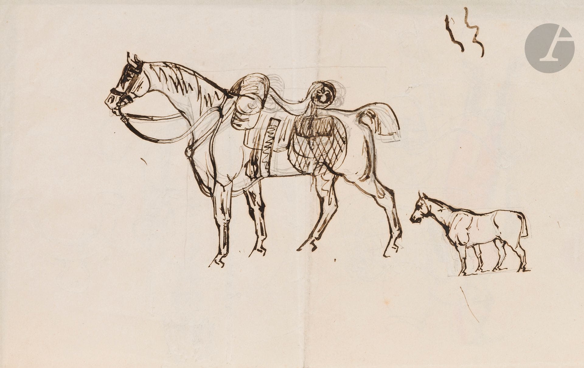 Attributed to Henri de TOULOUSE-LAUTREC (Albi 1864 - Saint André du Bois 1901)
Two studies of horses, one saddled
Pen and brown ink over black pencil lines. 
Folded black liserais sheet with partially watercolored military sketches over black pencil lines.
(Bends and small stains).
13.2x21cm

Provenance: Germaine Tapié de Céleyran
Germaine Tapié de Céleyran, cousin of Adèle, mother of Toulouse Lautrec, then by descent.
