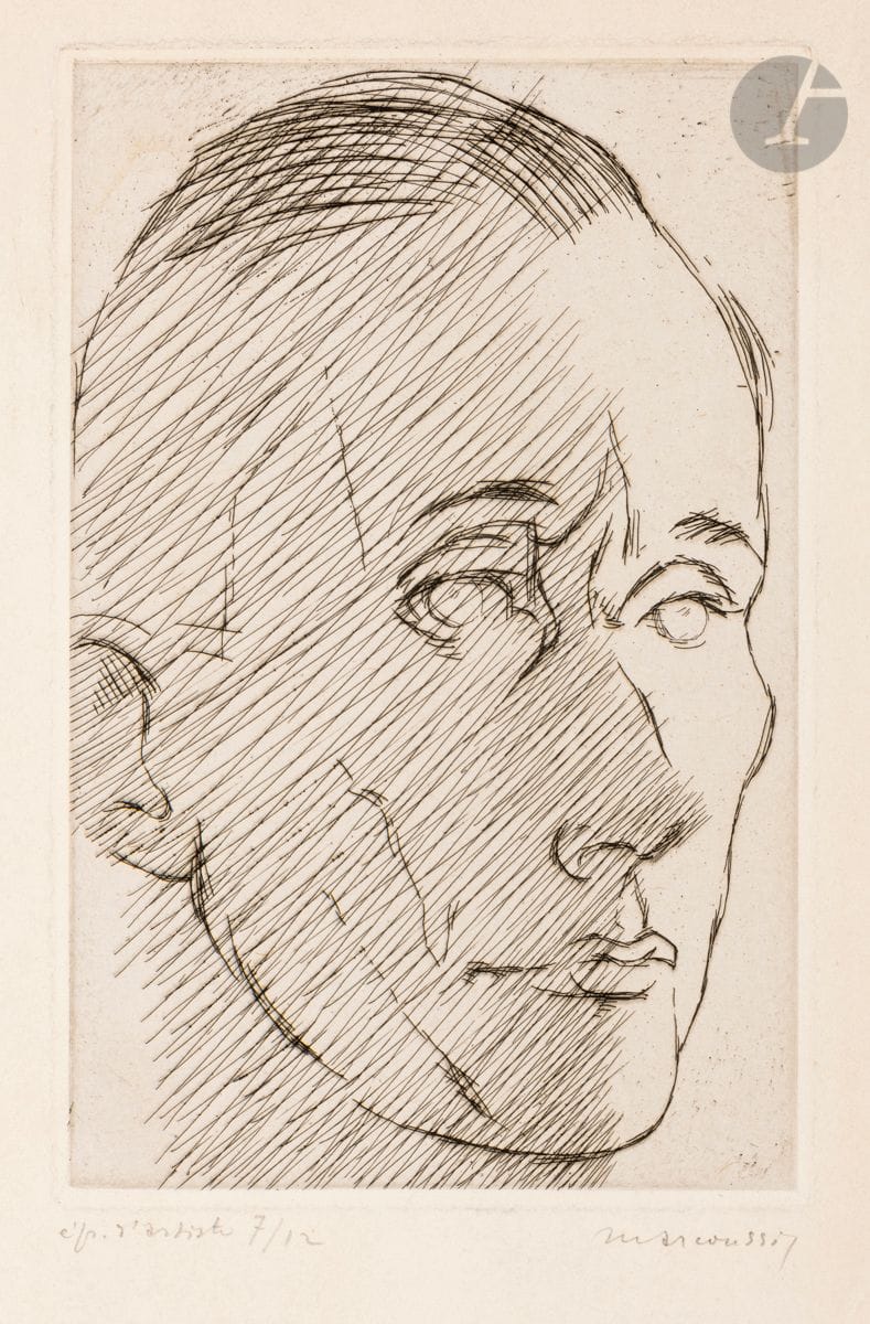 Louis Marcoussis (Ludwik Kazimierz Władysław Markus, dit) (1883-1941) 
Marc Chadourne. Vers 1933. Eau-forte. 120 x 185. Milet 105. Belle épreuve sur vélin, annotée « épr. d’artiste 7/12 » et signée au crayon. Taches rousses et léger empoussiérage aux bords du feuillet. Toutes marges. Rare. Tirage à 12 épreuves.