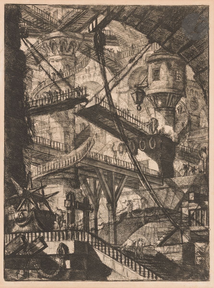 Giambattista Piranesi (1720-1778) 
Le Pont-levis. (Carceri d’invenzione, pl. VII). 1749-1760. Eau-forte et burin. 412 x 557. Robison 33 (v/vi). Belle épreuve sur vergé crème du XIXe, avant le n° 355. Restauration au bord gauche du feuillet. Rousseurs et trace d’oxydation. Deux restes d’adhésif en tête au verso. Pli horizontal médian peu perceptible, avec petites amincissures visibles par transparence au verso. Marges réduites à environ 1 cm.