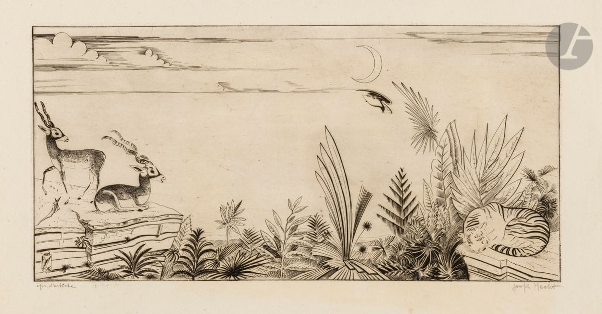 Joseph (Józef) Hecht (polonais, 1891-1951) 
Tigre et gazelles. 1937. Burin. 397 x 190. Plumart et Tonneau-Ryckelynck 271. Très belle épreuve sur vergé de Montval, justifiée « epr. d’artiste » et signée au crayon. Toutes marges. Tirage définitif à 50 épreuves.