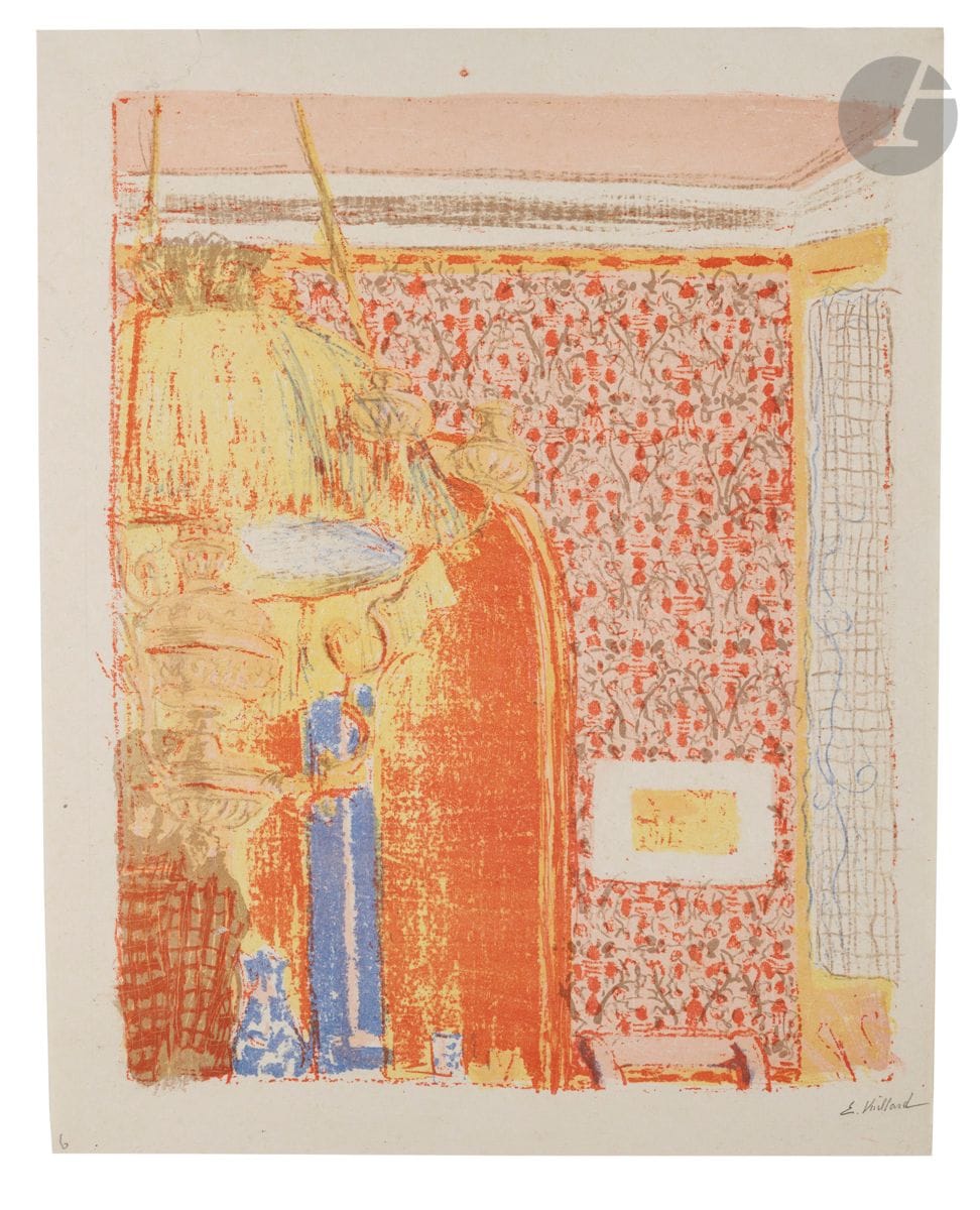 Édouard Vuillard (1868-1940) 
Intérieur aux tentures roses II. (Pl. pour Paysages et Intérieurs). 1899. Lithographie. 280 x 345. Roger-Marx 37 ; Johnson 155-6. Impression en couleurs. Très belle et fraîche épreuve sur chine volant. Un numéro « 6 » et annotation « E. Vuillard » au crayon en pied du feuillet. Petites annotations au crayon dans l’angle inférieur droit au verso. Déchirure de 25 mm en tête (sans atteinte au sujet). Toutes marges [310 x 395]. Tirage à 100 épreuves. A. Vollard éd.

Provenance :
Ancienne collection Gérard-Henri Gilbert (1879-1943), expert en philatélie.