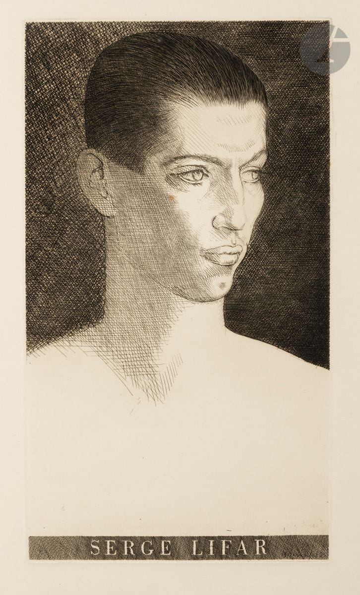 Louis Marcoussis (Ludwik Kazimierz Władysław Markus, dit) (1883-1941) 
Serge Lifar. 1933. Eau-forte et burin. 240 x 430. Milet 97. Très belle épreuve d’essai sur vélin crème, du 11e état (sur 13), avant le monogramme, non signée. Trous de punaises dans les angles. Léger empoussiérage et quelques rares rousseurs claires ou taches aux bords du feuillet (une sur la pommette droite). Toutes marges.