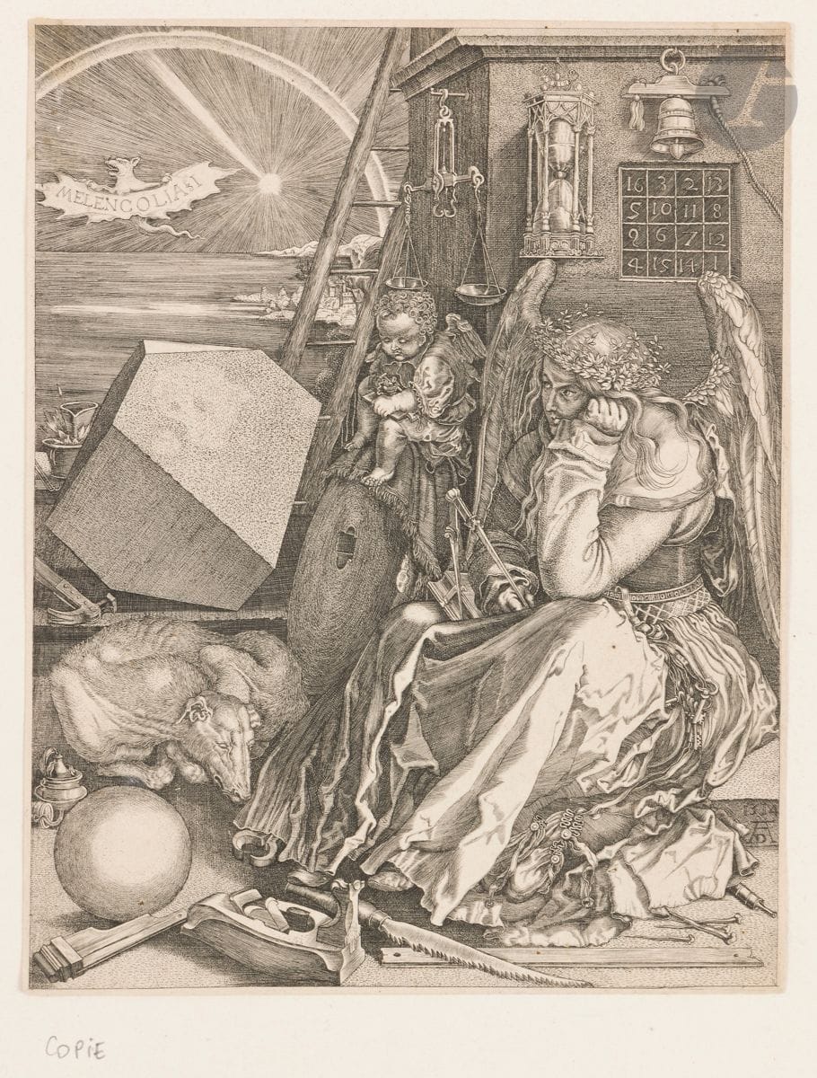 Albrecht Dürer (1471-1528) (d’après)
Melencolia. Burin (copie par un anonyme). [185 x 238]. Belle épreuve sur vergé mince du XVIIe, rognée à l’intérieur du coup de planche, avec filets de marges du cuivre.
