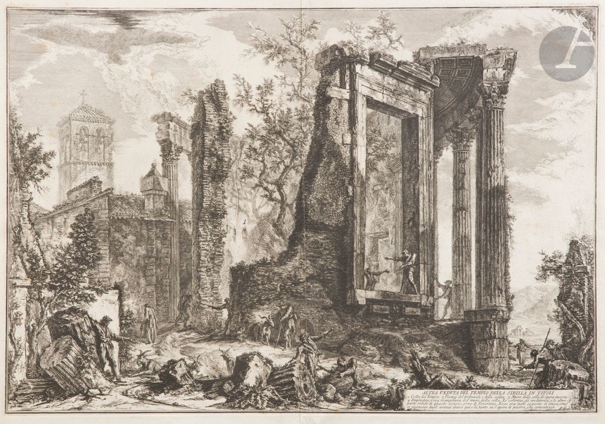 Giambattista Piranesi (1720-1778) 
Altra Veduta del Tempio della Sibilla in Tivoli. (Temple de la Sibylle à Tivoli, du côté de la colonnade effondrée). 1761. Eau-forte. 665 x 448. Hind 62 (i/iii). Très belle épreuve sur vergé fort, avant les numéros. Petites rousseurs claires éparses. Onglet de montage vertical médian au verso. Bande de kraft gommé sur le pourtour au verso. Bonnes marges. Tirage romain. Ex-coll. François-Marsal (Lugt non décrit).