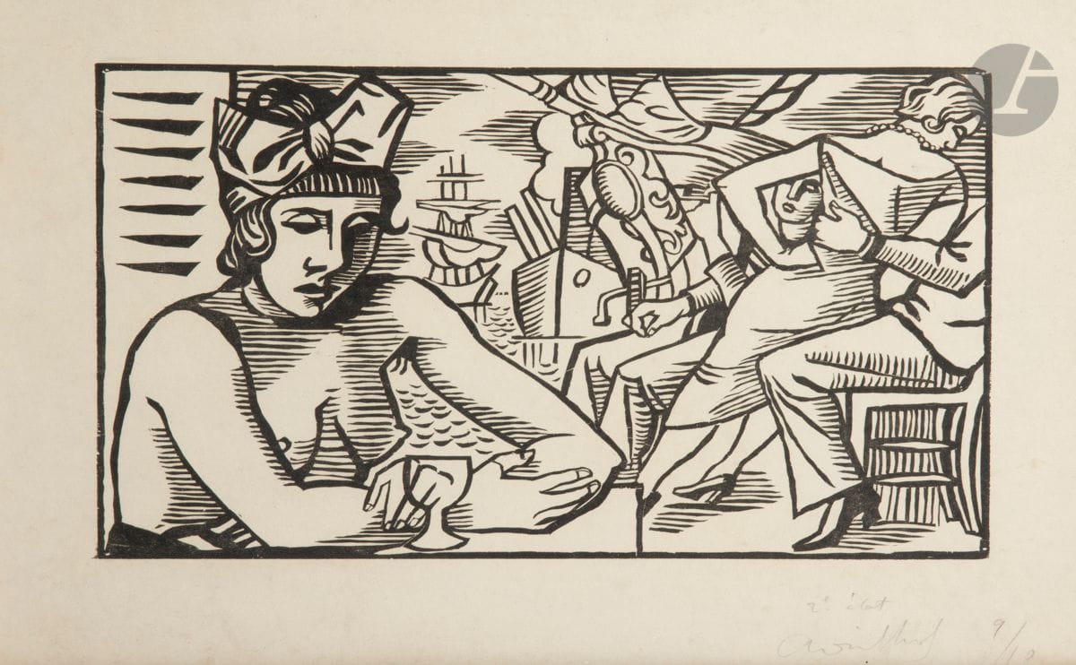 André Lhote (1885-1962) 
Femmes et marins au cabaret. (Pl. pour Grand Largue, Anvers, éd. Lumière, Paris, A. Delpeuch, 1925). Bois gravé. À vue : 385 x 265. Belle épreuve sur vélin blanc, annotée « 2e état », signée puis numérotée. Traces de plis horizontales en marge supérieure. Belles marges. Tirage à 10 épreuves de cet état. Cadre (non examinée hors du cadre).