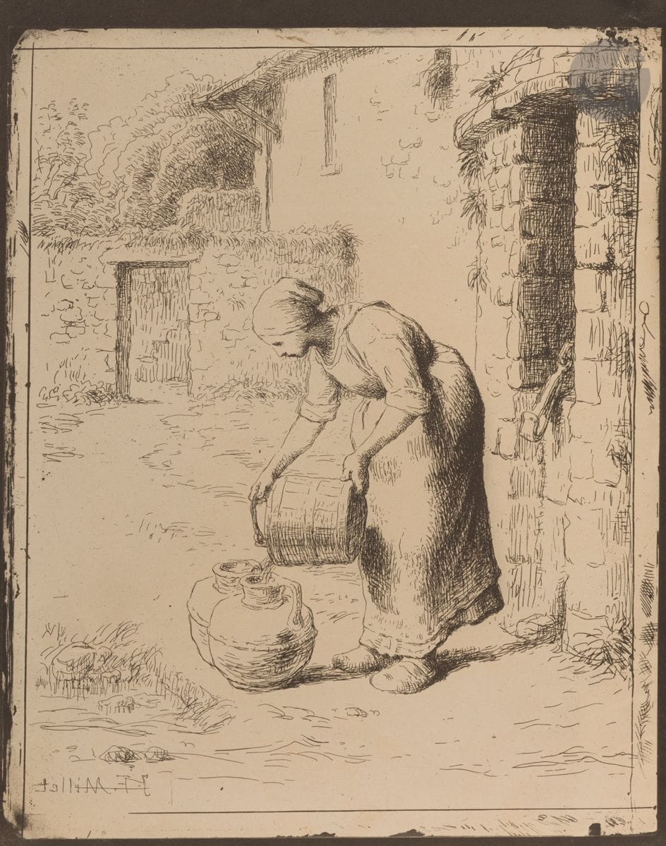 Jean-François Millet (1814-1875) 
Woman emptying a bucket. 1862. Glass plate. [250 x 325]. Delteil 28. A very fine proof printed in bistré black on thin buff vellum, a test print prior to the run for Quarante clichés-glace de Corot, Daubigny, Delacroix, Millet, Rousseau tirés sur les plaques provenant de la Collection de M. Cuvelier, in Paris with Maurice Le Garrec, 1921.
