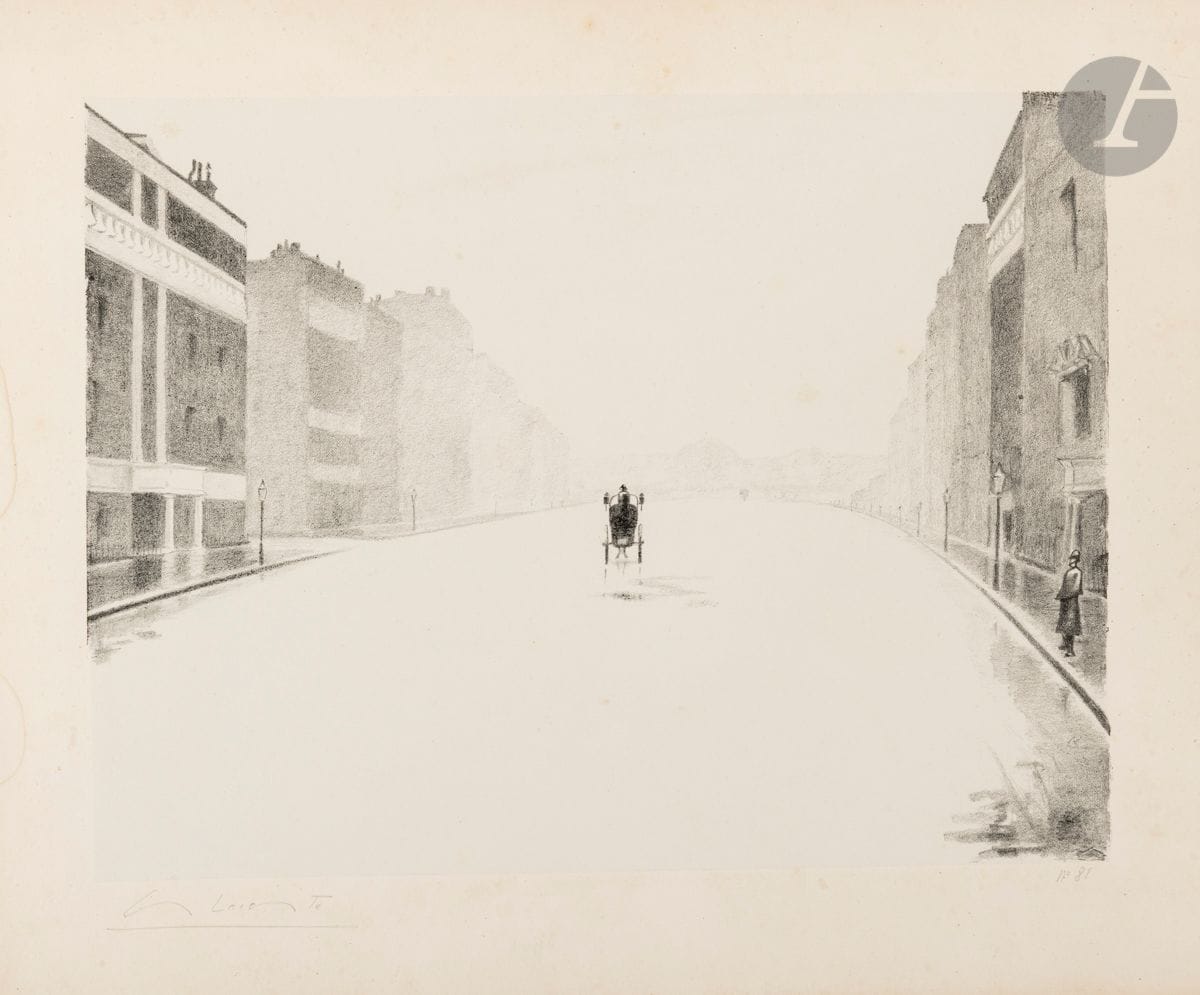 Charles Lacoste (1870-1959) 
Portland Place. 1894. Lithographie. 320 x 245. I.F.F. 1 ; Stein et Karshan 40. Belle épreuve sur chine appliqué, signée et numérotée au crayon. Fine bande d’oxydation aux bords du feuillet. Auréole d’humidité au bord gauche. Belles marges (légèrement réduites, sans le timbre sec de la publication). Tirage à 100 épreuves. Éd. de L’Estampe originale.