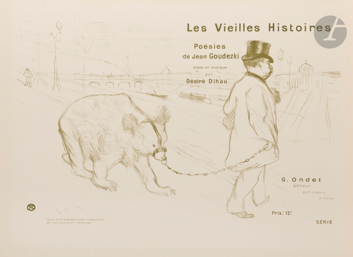 Henri de Toulouse-Lautrec (1864-1901) 
Les Vieilles Histoires, couverture-frontispice. 1893. Lithographie. [610 x 452]. Delteil 18 ; Wittrock 5. Impression en vert olive. Très belle et fraîche épreuve sur vélin ivoire, du 1er tirage, avec le texte lithographié. Toutes marges.