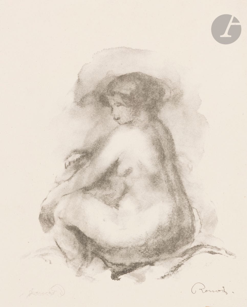 Pierre-Auguste Renoir (1841-1919) 
Étude de femme nue assise. (Pl. des Douze lithographies). 1904. Lithographie. [255 x 305]. Delteil, Stella 42. Belle épreuve d’essai sur vélin, avec autre épreuve tête-bêche au verso (cette dernière avec 2e signature imprimée à rebours à gauche). Deux morceaux de kraft gommé en tête au verso, transparaissant au recto. Menues salissures. Toutes marges.