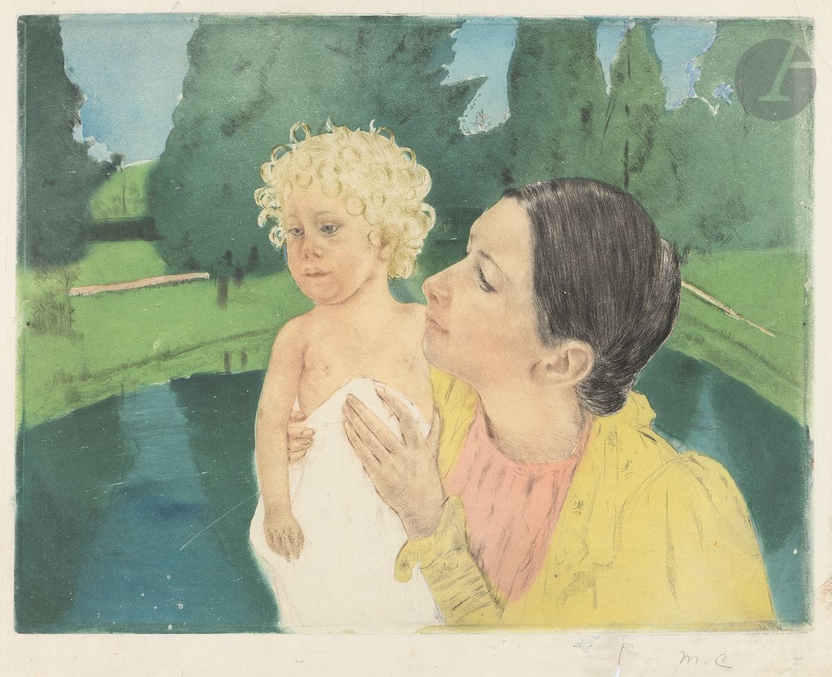 Mary Cassatt (américaine, 1844-1926) 
By the Pond (Auprès de l’étang). Vers 1898. Aquatinte et pointe sèche. 430 x 330 [485 x 398]. Breeskin 161. Impression en couleurs. Belle épreuve sur vergé mince crème filigrané « Van der Ley », signée des initiales au crayon. Annotation « E » de la main de H. M. Petiet au crayon dans l’angle inférieur gauche. Plusieurs déchirures aux bords du feuillet, la plupart anciennement consolidées par de fins morceaux de papier gommé au verso, l’une avec manque de papier associé, à gauche des initiales. Une fine et longue éraflure filiforme oblique dans le bleu de la mare à gauche de l’enfant. Long et fin pli cassé oblique dans l’angle supérieur droit du sujet. Maculatures, plis et salissures dans les belles marges et au verso. 

Provenance : 
Ambroise Vollard (1866-1939) puis H. M. Petiet (1894-1980).