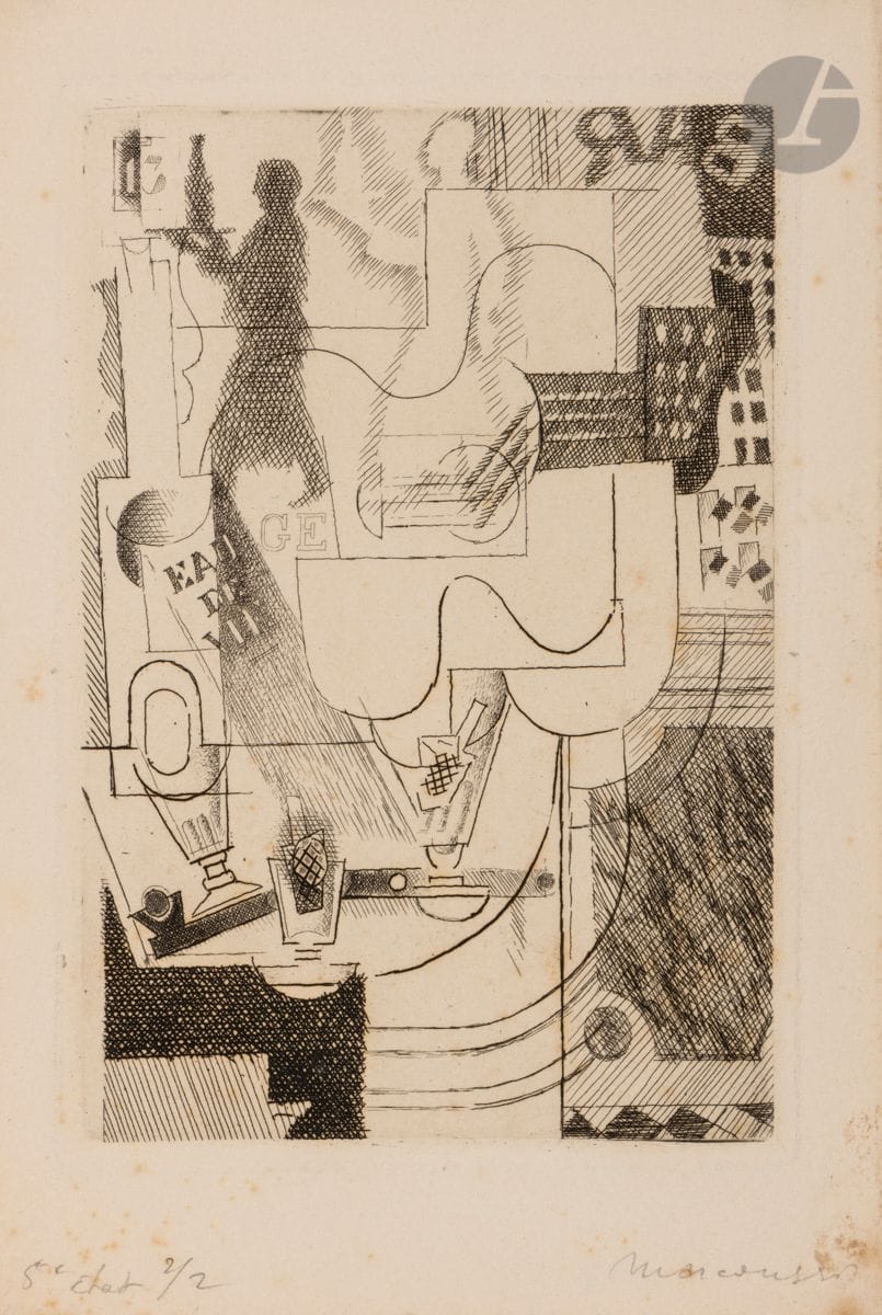Louis Marcoussis (Ludwik Kazimierz Władysław Markus, dit) (1883-1941) 
Poème lu au mariage d’André Salmon. (Pl. 15 pour G. Apollinaire, Alcools). 1934. Eau-forte. 104 x 155. Milet 128. Très belle épreuve sur vélin fort, du 5e état (sur 6), avant de nouveaux travaux, annotée « 5e état 2/2 » et signée au crayon. Infimes rousseurs. Toutes marges. Timbre de l’atelier au verso (Lugt non décrit). 

Provenance :
Atelier de l’artiste.