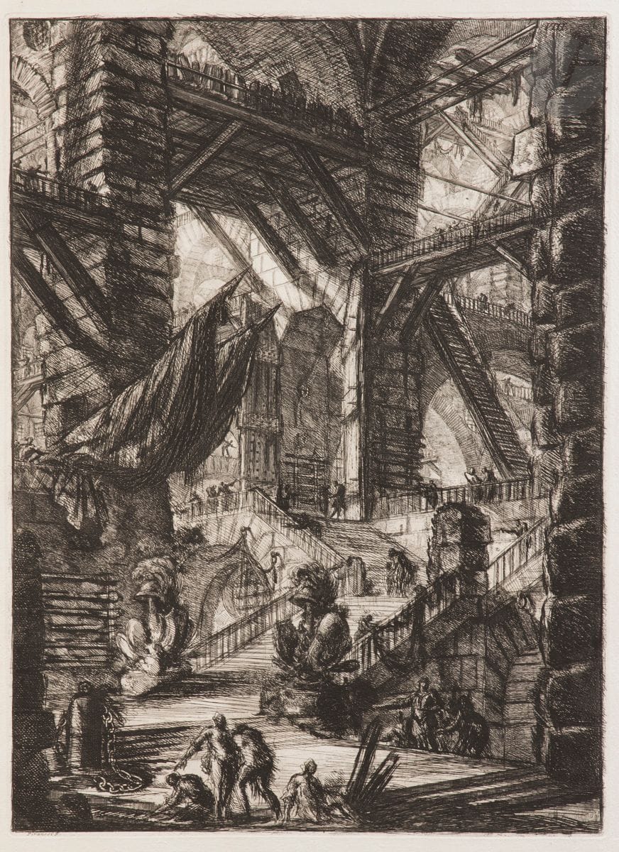 Giambattista Piranesi (1720-1778) 
L’Escalier aux trophées. (Carceri d’invenzione, pl. VIII). 1749-1760. Eau-forte. 405 x 550 [580 x 860]. Robison 34 (v/vi). Très belle épreuve sur vergé blanc du XIXe, avec les retouches dans le mur en bas à gauche et avant le n° 356. Oxydation au verso. Toutes marges (le bord gauche légèrement déchiqueté, avec manques irréguliers).