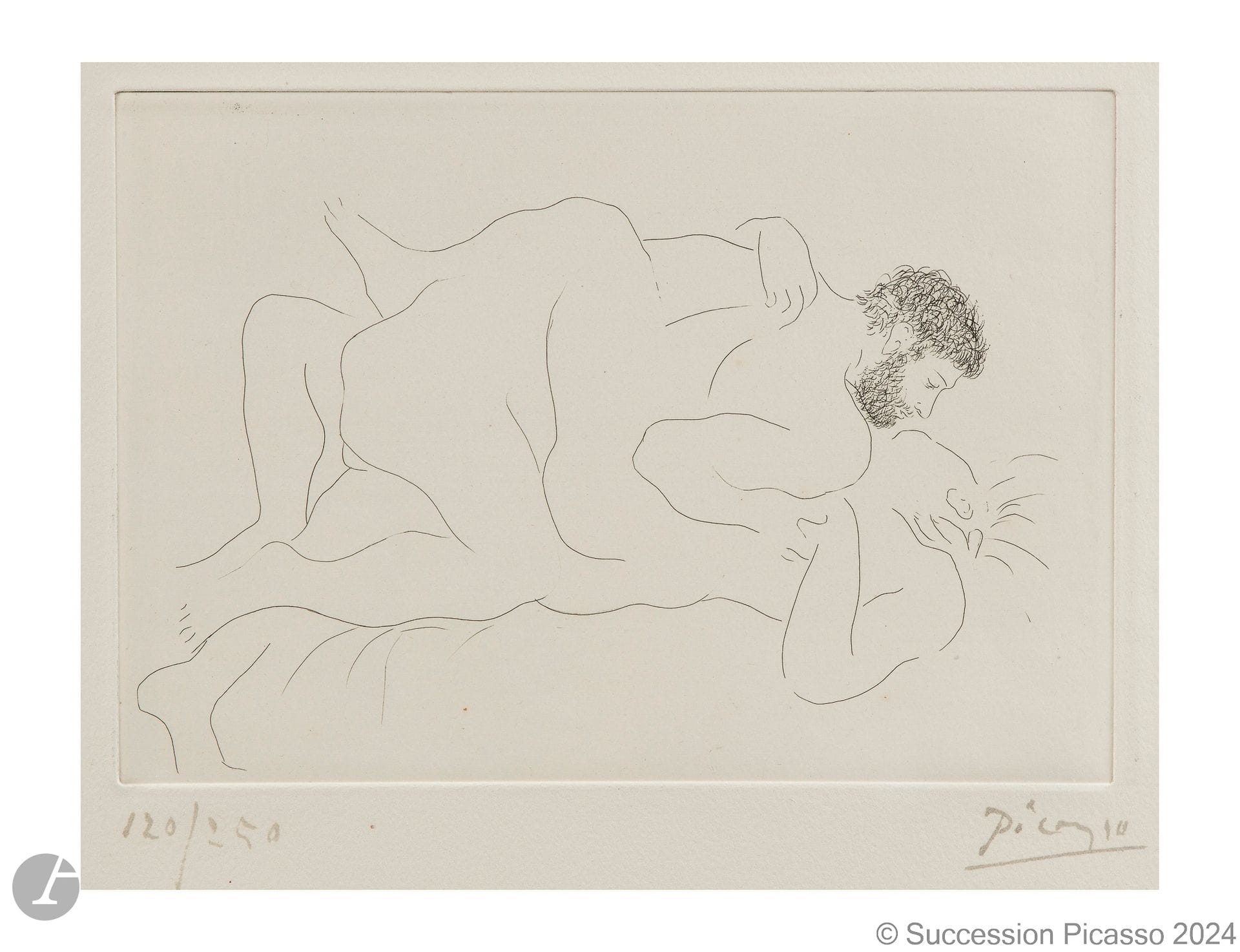 Pablo Picasso (1881-1973) 
Man and Woman. 1927. Etching. 280 x 196 [580 x 550]. Bloch 77; Baer 118 b 2; Johnson 91. Very fine proof on strong white vellum, numbered and signed in brush and sepia ink. A few tiny spots of rust. All margins untrimmed. Edition of 250 proofs. A. Vollard ed.