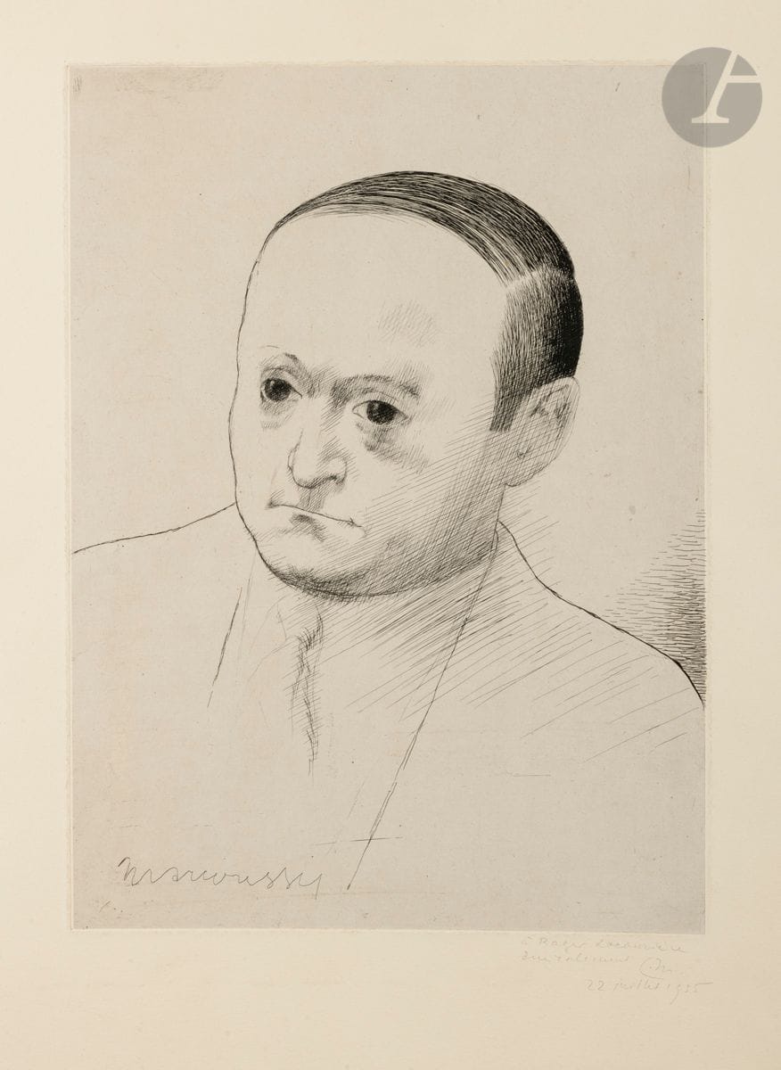Louis Marcoussis (Ludwik Kazimierz Władysław Markus, dit) (1883-1941) 
Joseph Brummer. 1935. Eau-forte. 280 x 380. Milet 159. Très belle épreuve sur chine appliqué, dédicacée au crayon « à Roger Lacourière / Amicalement / L M / 22 juillet 1935 » puis en pied « Bon à tirer 5 ex Marcoussis ». Semis de petites rousseurs le long du bord supérieur au verso. Toutes marges. Rare. Tirage à 5 épreuves (cette épreuve citée par S. Milet).