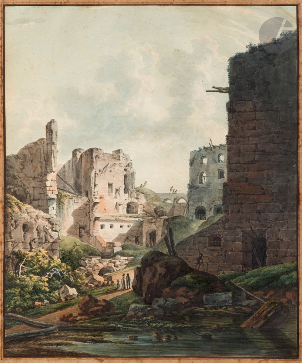 Francesco Piranesi (vers 1758-1810) et Pietro Piranesi 
Ruines de l’ancien grand Châtelet de Paris. 1801-1802. Eau-forte et aquatinte (d’après un dessin de L.-G. Moreau). 460 x 550. Impression en couleurs et rehauts à l’aquarelle. Belle épreuve sur vergé fort, rognée au sujet, avec marges rapportées (formant encadrement à l’imitation du dessin). Rousseurs claires éparses dans le sujet, plus marquées dans les marges. Quelques petits accrocs formant taches blanches en surface et légères traces de frottement. 

Le Grand Châtelet était une forteresse du cœur de Paris qui remontait au XIIe siècle, construite par Louis VI le Gros. Elle fut démolie en 1802 sur ordre de Napoléon et remplacée par une fontaine. 

L’épreuve conservée à la BnF est assortie du commentaire suivant : « Pièce citée sous le nom de l’artiste Moreau sous le n° 101 dans la Notice indicative des Monuments et des Sites les plus remarquables du globe exécutés avec tous leurs accessoires, à l’huile, à l’aquarelle et à la gouache et publiés par les Piranesi, publiée en l’an X, [Paris], [s. d.], de l’imprimerie de l’Académie des Beaux-Arts, BNF, VP-3059 et sous le n° 19 dans le Catalogue des vues de monumens antiques et modernes... publiées à Paris par les Piranesi, Paris, [Paris], de l’imprimerie de Leblanc, BNF, 4 V 36 1029. » 

La collection Destailleur en conservait également une épreuve, n° 401 de son catalogue, avec la mention : « Vue du Châtelet au moment de sa démolition en 1802. Epreuve colorée à l’aquarelle à l’imitation du dessin, peut-être par Nicole ? » (Catalogue de livres et estampes relatifs à l’histoire de la Ville de Paris et de ses environs provenant de la bibliothèque de feu M. Hippolyte Destailleur, architecte du Gouvernement, Paris, Damascène Morgand, 1894, p. 90).