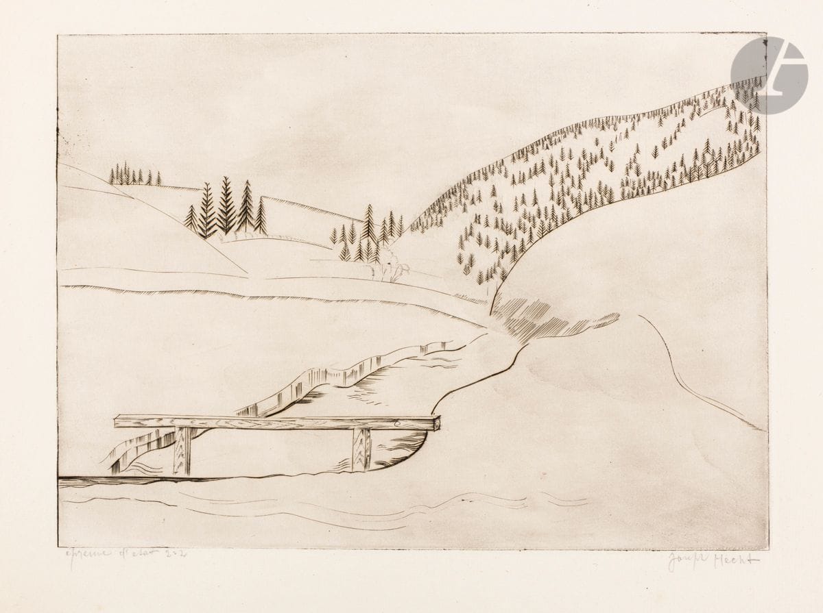 Joseph (Józef) Hecht (Polish, 1891-1951) 
Snow Landscape I. Circa 1925-1926. Burin. 327 x 238. Plumart and Tonneau-Ryckelynck 112. Very fine proof on Montval laid paper, annotated "epreuve d'état 2/2" and signed in pencil. Slight dusting to the edges of the folio. Full margins. Edition of 24 proofs. (The cataloguers had not encountered any state proofs).