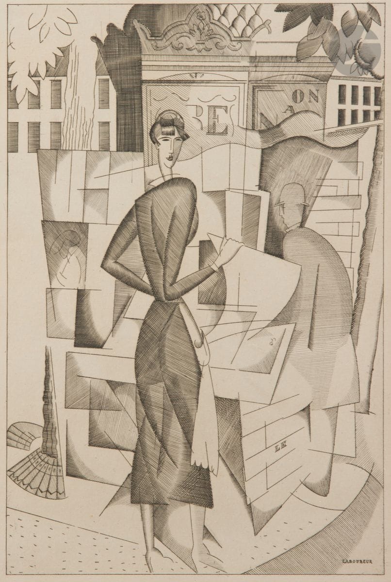 Jean-Émile Laboureur (1877-1943) 
Les Trois marins. 1921-1922. Eau-forte. À vue : 305 x 235. Laboureur 228. Belle épreuve sur vélin, l’une des 8 du 1er état (sur 3) avant les contretailles dans le sol, numérotée et signée au crayon, oxydée. Petites rousseurs. Marges. Tirage définitif à 65 épreuves. Cadre (non examinée hors du cadre). Joint : Le Kiosque à journaux. 1920. Burin. À vue : 220 x 325. Laboureur 198. Belle épreuve sur vélin, du tirage pour la revue Architecture (1921), oxydée. Marges. Cadre (non examinée hors du cadre). Ens. 2 p.