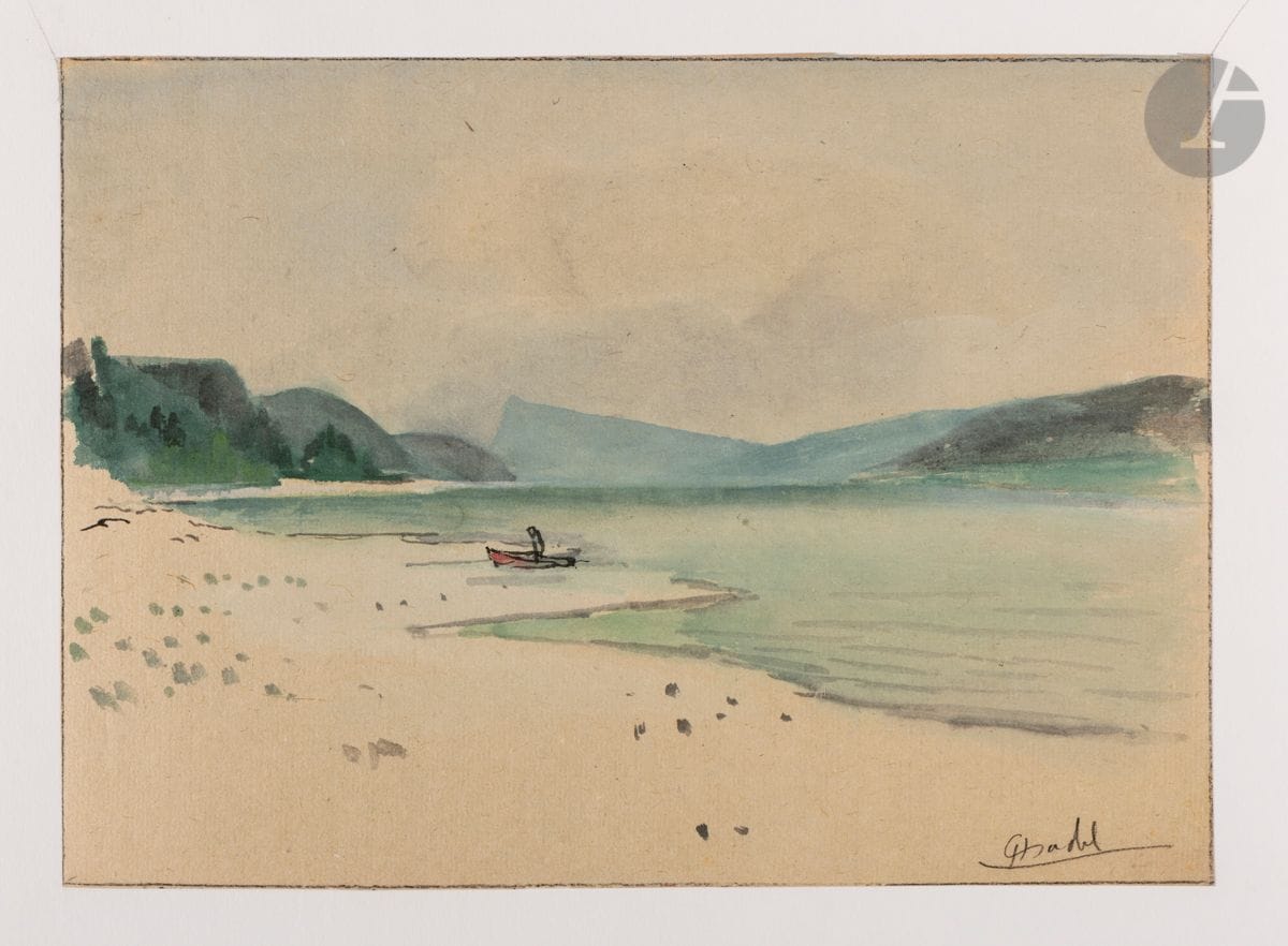 Jules Chadel (1870-1941) 
Lac d’Auvergne. Dessin. Pinceau, encre de Chine et aquarelle sur japon vergé. [307 x 222]. Le sujet cerné d’un filet à la pierre noire. Signé en bas à droite.