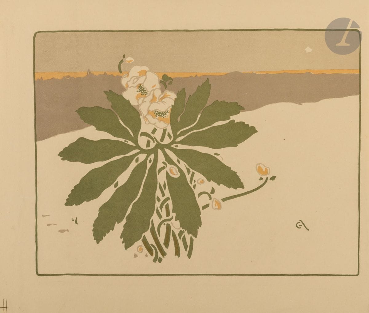 George Auriol (Jean-Georges Huyot, dit) (1863-1938) 
Illustration (4e de couverture) pour G. Fragerolle, L’Enfant-Dieu, recueil de vieux Noëls des Pays de Champagne et de Lorraine, Paris, Enoch & Cie-Flammarion, 1898. Lithographie. [350 x 305]. Leroy-Crèvecoeur non décrit. Impression en couleurs. Très belle et fraîche épreuve de tirage à part sur vélin glacé ivoire.