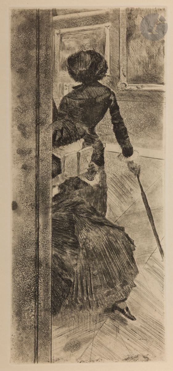 Edgar Degas (1834-1917) 
Au Louvre : la peinture (Mary Cassatt). Vers 1876. Eau-forte, pointe sèche et aquatinte. 125 x 303. Delteil 29 ; Reed-Shapiro 52. Très belle épreuve sur simili-japon fort, du tirage effectué du cuivre biffé pour Ambroise Vollard (1918). Toutes marges.