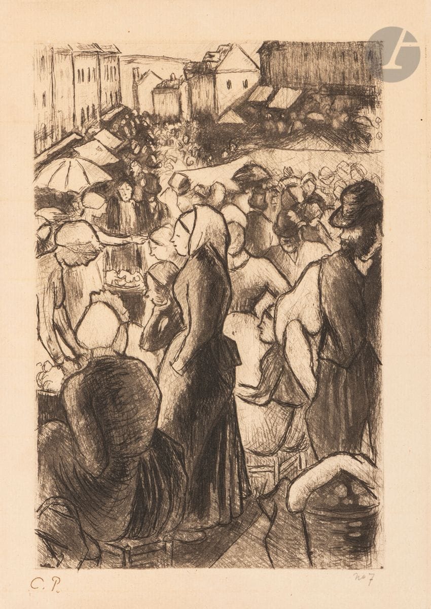 Camille Pissarro (1830-1903) 
Marché de Gisors (rue Cappeville). Vers 1894. Eau-forte. 140 x 200. Delteil 112. Belle épreuve tirée en noir sur vergé ancien mince, l’une des 7 du tirage de 1923, timbrée (Lugt 613e) et numérotée au crayon « n° 7 », oxydée. Restes d’onglet sur le pourtour du feuillet au verso. Belles marges. Tirage à 11 épreuves d’états en noir, puis à 9 en couleurs, du vivant de l’artiste, avant les tirages posthumes de 1923 et 1930 à 24 épreuves au total.