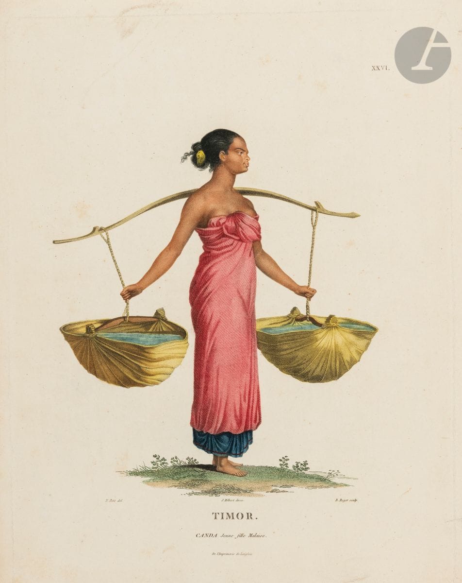 Voyages
Vues de Porto Farina (Tunisie), d’Égypte, de l’île de Pâque, des îles Radak (îles Marshall), du Missouri, Tombeaux des Indiens sioux, types de Ceylan, du Timor… Eau-forte ; lithographie. Belles épreuves, certaines en beau coloris du temps ou imprimées en couleurs. Menus accidents. Ens. 24 p.