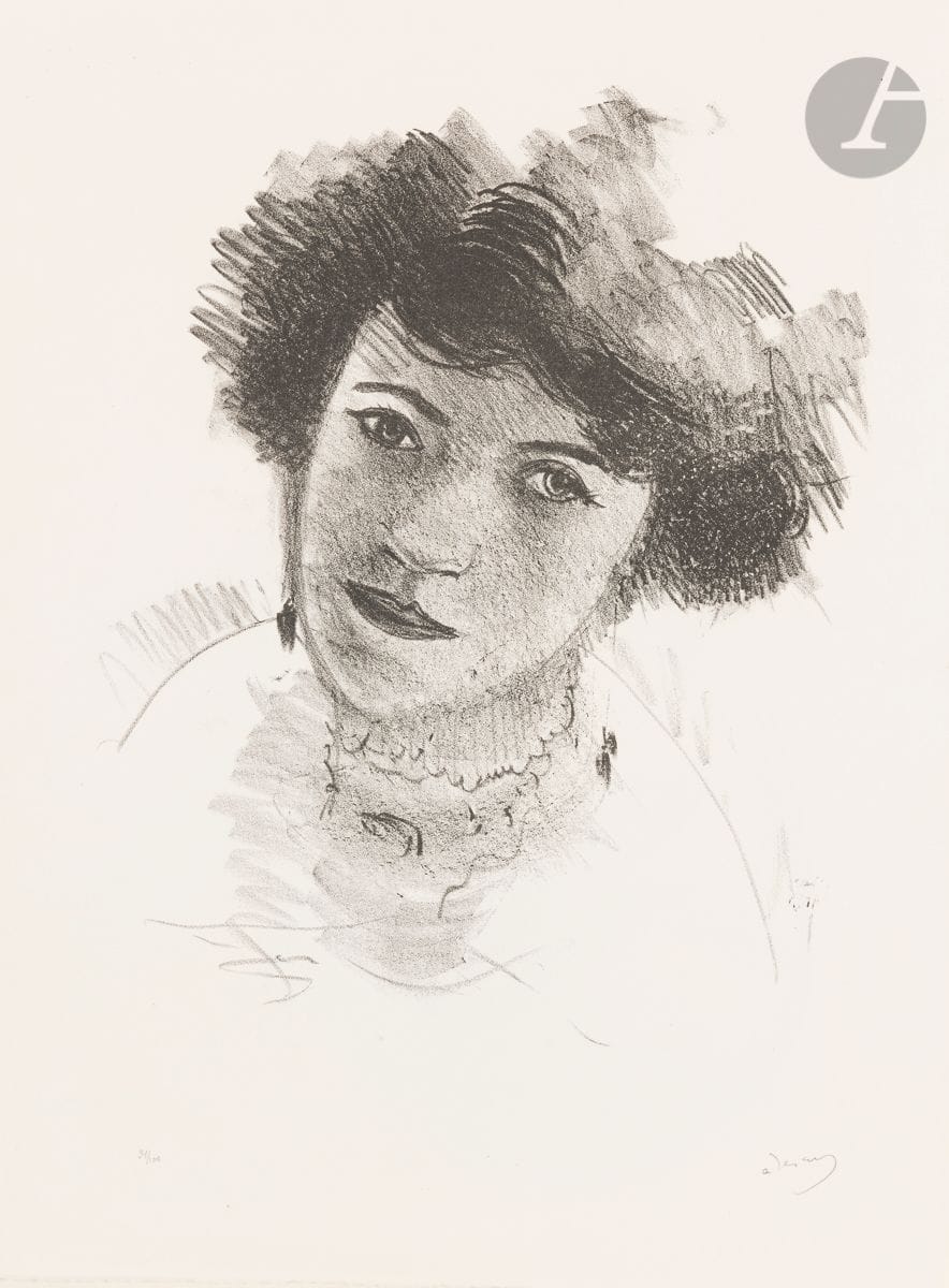 André Derain (1880-1954) 
Tête de femme très brune de face, avec des boucles d’oreille pendantes. (Pl. pour la suite Métamorphoses, études de femmes, Paris, éd. des Quatre Chemins, 1927). Lithographie. 300 x 375. Adhémar 71-8. Parfaite épreuve sur vélin blanc filigrané « Arches », numérotée et signée au crayon. Toutes marges. Tirage à 100 épreuves.