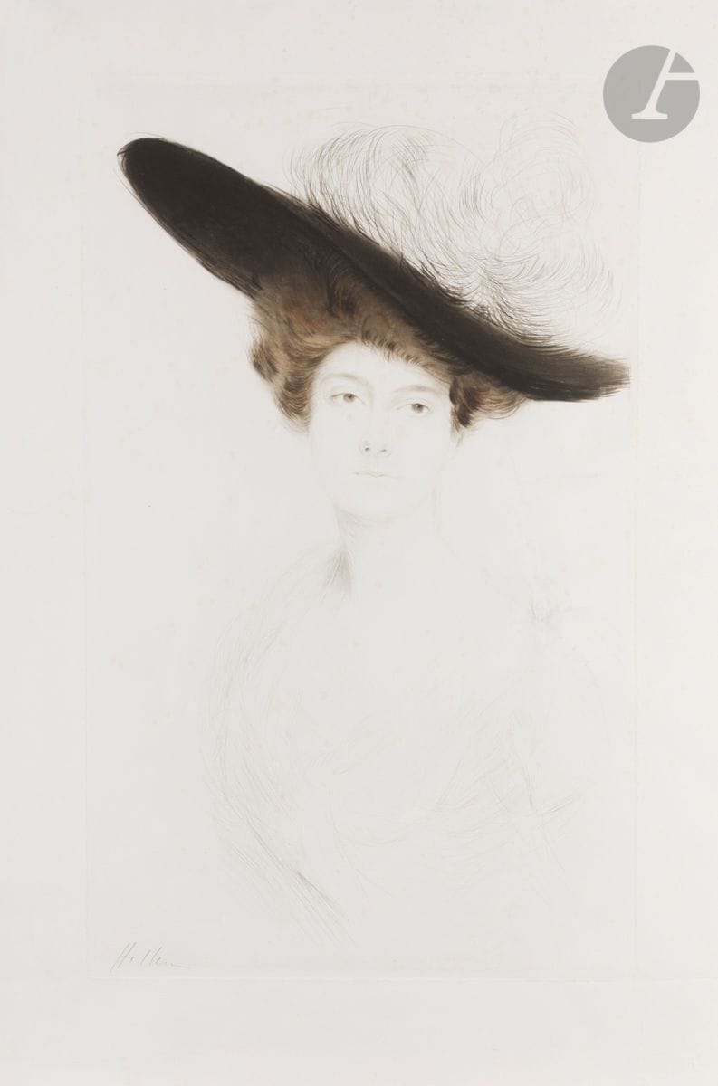 Paul-César Helleu (1859-1927) 
Woman with large hat. Circa 1900. Drypoint. 350 x 568. Color print. Proof on strong white vellum, signed in the lower left-hand corner of the copper, washed and re-glued, with major restored accidents that are still perceptible (notably a strong restored fracture to the right of the subject). Short tears at foot. Fine margins.