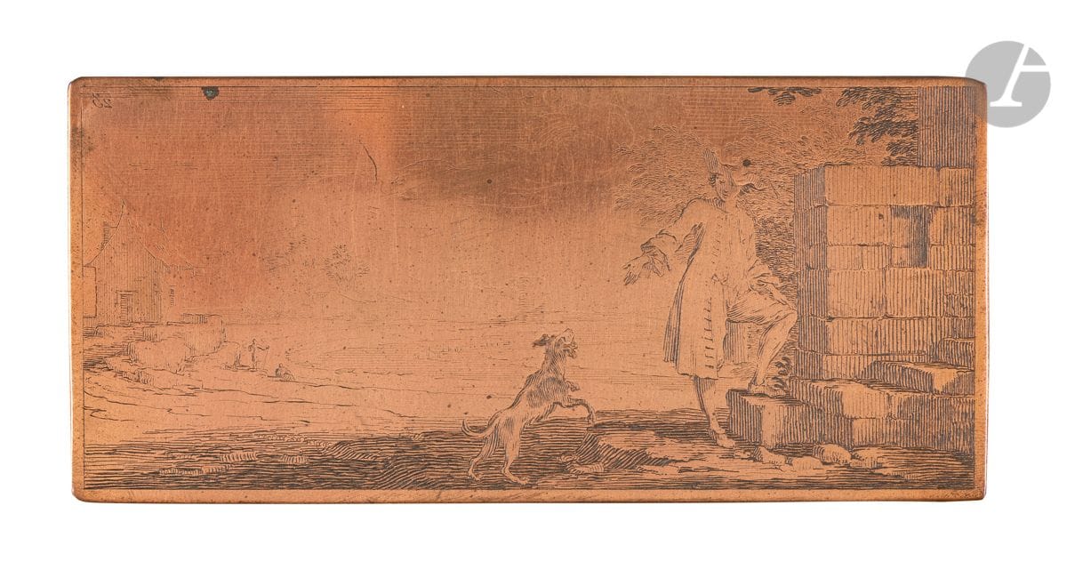 Sébastien Leclerc (1637-1714)
Un jeune homme et un chien au pied d’un escalier. (Pl. 23 de la suite Diverses suites de figures, chevaux et paysages dessinées et gravées par Le Clerc pour l’instruction de M. le Duc de Bourgogne [Louis de France, petit-fils de Louis XIV]). Vers 1690. Cuivre gravé à l’eau-forte. 159 x 72. Préaud 1164. Les angles arrondis. Contenu dans une enveloppe portant le sujet imprimé. Joint : un fort lot de gravures par divers (par Della Bella, S. Leclerc, P. Potter, I. Silvestre, d’après Teniers, etc. – dont portraits de Mozart et de Haydn). Épreuves en tirage moderne (début XXe) sur vélin ou sur vergé, contenues dans deux chemises.