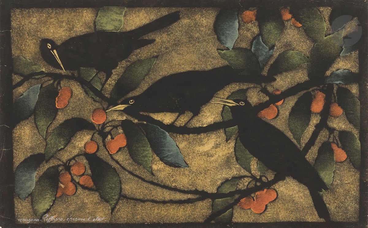 Manzana-Pissarro 
(Georges Henri Pissarro, dit) 
(1871-1961) 
Trois merles. Vers 1930. Pochoir en couleurs et à l’encre bronze doré. [500 x 320]. Très belle épreuve sur vélin jaune moutarde, signée et annotée « épreuve d’état » à l’encre blanche. Plusieurs plis, cassures et déchirures aux bords du feuillet. Infimes arrachements dans les angles. Toutes marges.