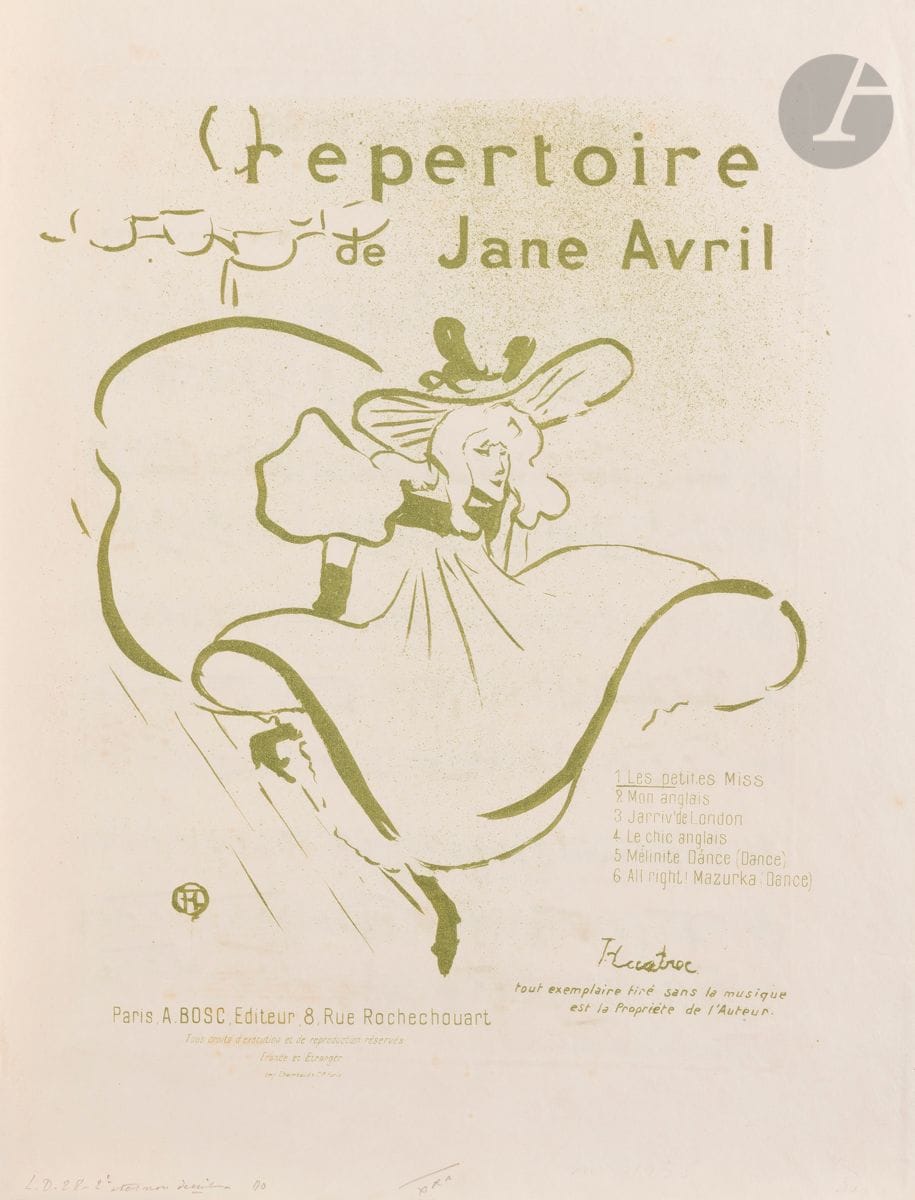 Henri de Toulouse-Lautrec (1864-1901) 
Répertoire de Jane Avril. [263 x 347]. Delteil 28 ; Wittrock 18. Impression en vert olive. Très belle épreuve sur vélin ivoire, l’indentation de la pierre très visible, du tirage de 1894 avec la partition musicale (Les Petites Miss) au verso. Toutes marges. A. Bosc éd. Rare selon Wittrock.