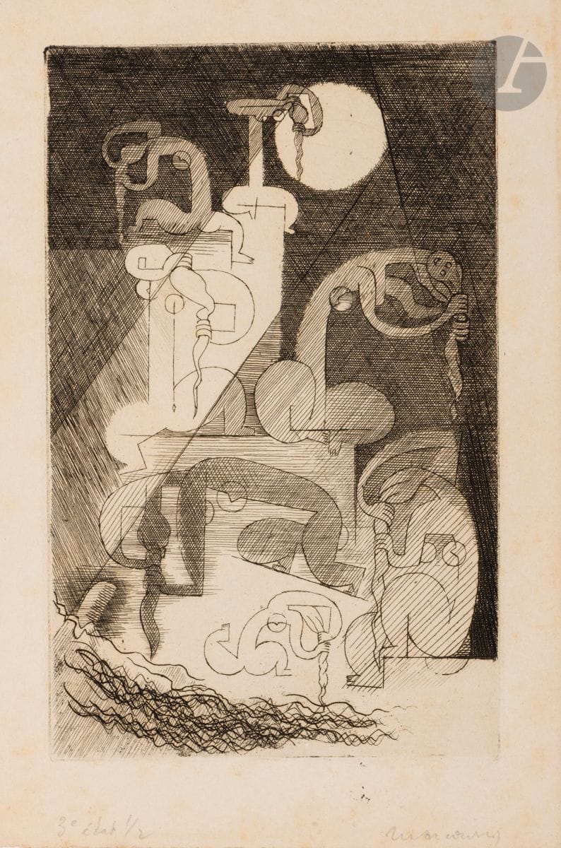 Louis Marcoussis (Ludwik Kazimierz Władysław Markus, dit) (1883-1941) 
Nuit rhénane. (Pl. 23 pour G. Apollinaire, Alcools). 1934. Eau-forte. 97 x 155. Milet 136. Très belle épreuve sur vélin fort, du 3e état (sur 7), avant de nouveaux travaux, annotée « 3e état 1/2 » et signée au crayon. Infimes rousseurs. Toutes marges. Timbre de l’atelier au verso (Lugt non décrit). 

Provenance :
Atelier de l’artiste.