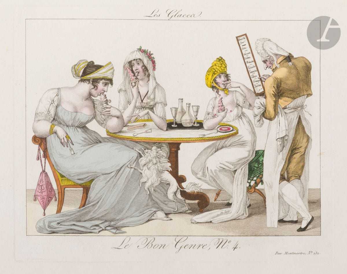 Le Bon Genre
Les Montagnes Russes de la Barrière du Roule ; La Ramasse ; Montagnes Russes dans la Salle de l’Odéon ; Promenades Aériennes ; Les Glaces… 1817-1827. Eau-forte par Gatine. Chaque [380 x 275]. Très belles épreuves sur vélin, en beau coloris du temps. Rousseurs claires. Belles marges. Ens. 8 p.
