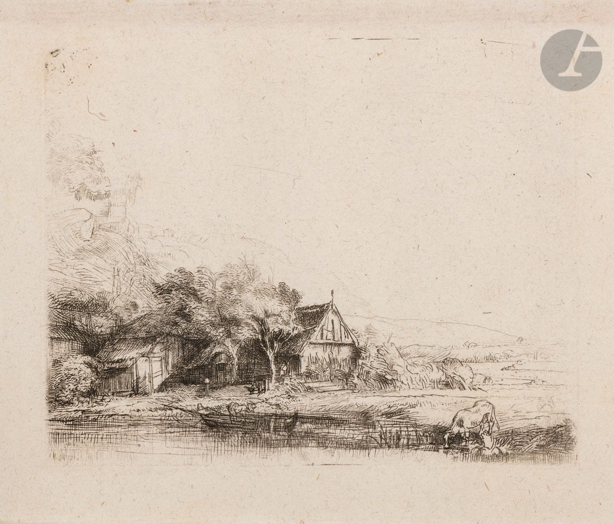 Rembrandt Harmensz. van Rijn (1606-1669)
L’Abreuvoir de la vache. Vers 1650. Eau-forte. 130 x 102. Bartsch 237 ; New Hollstein 251. Très belle épreuve sur vergé mince filigrané début XVIIIe (contremarque DG), avec les retouches de Watelet, les fonds affaiblis (notamment dans la colline à gauche et dans la vache de droite), avant les retouches ultérieures. Infime trou de la taille d’une tête d’épingle dans l’arbre à gauche. Petites marges [150 x 130].